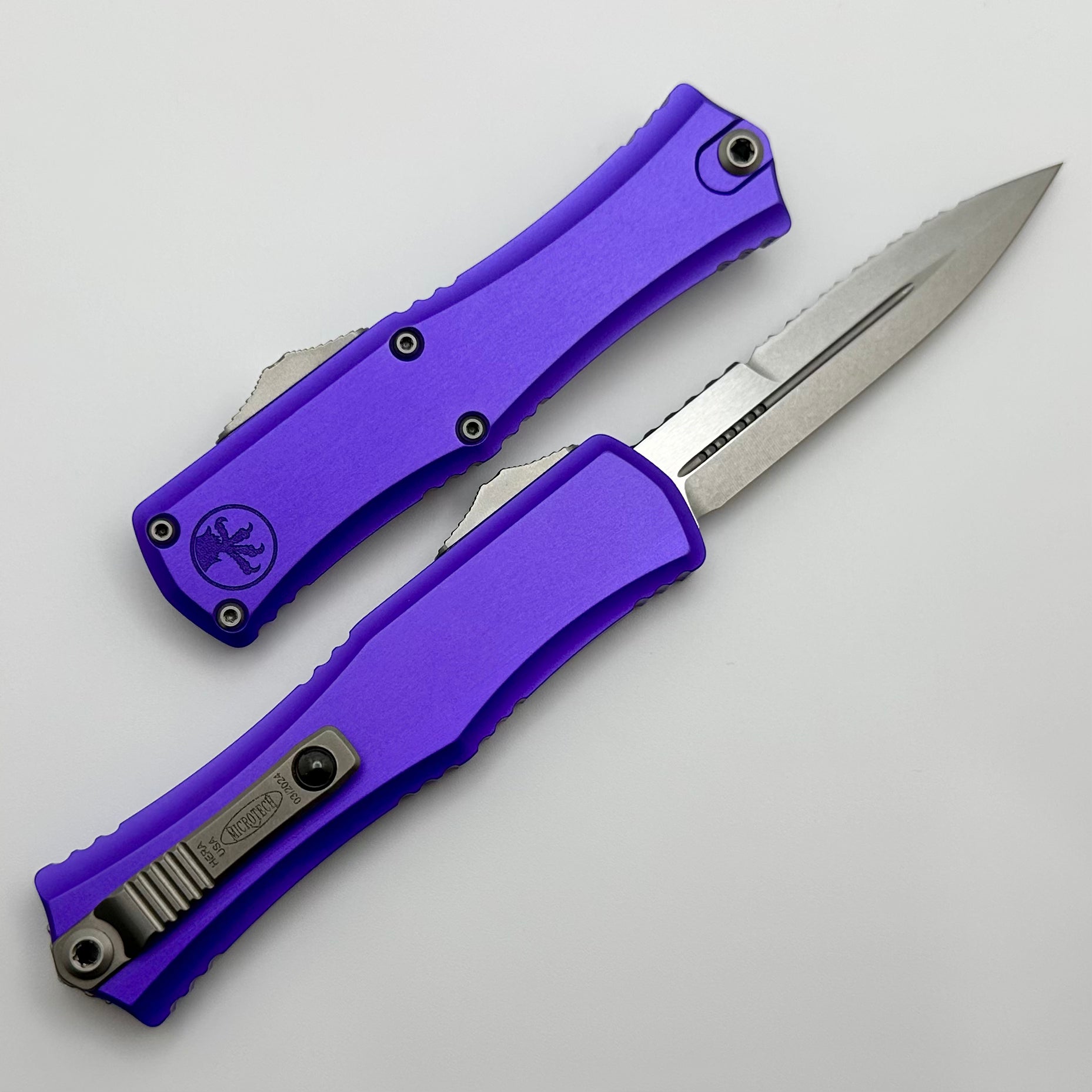 Microtech Knives Mini Hera Full Serrated Stonewash Bayonet M390MK w/ Purple Handle 1701M-12PU