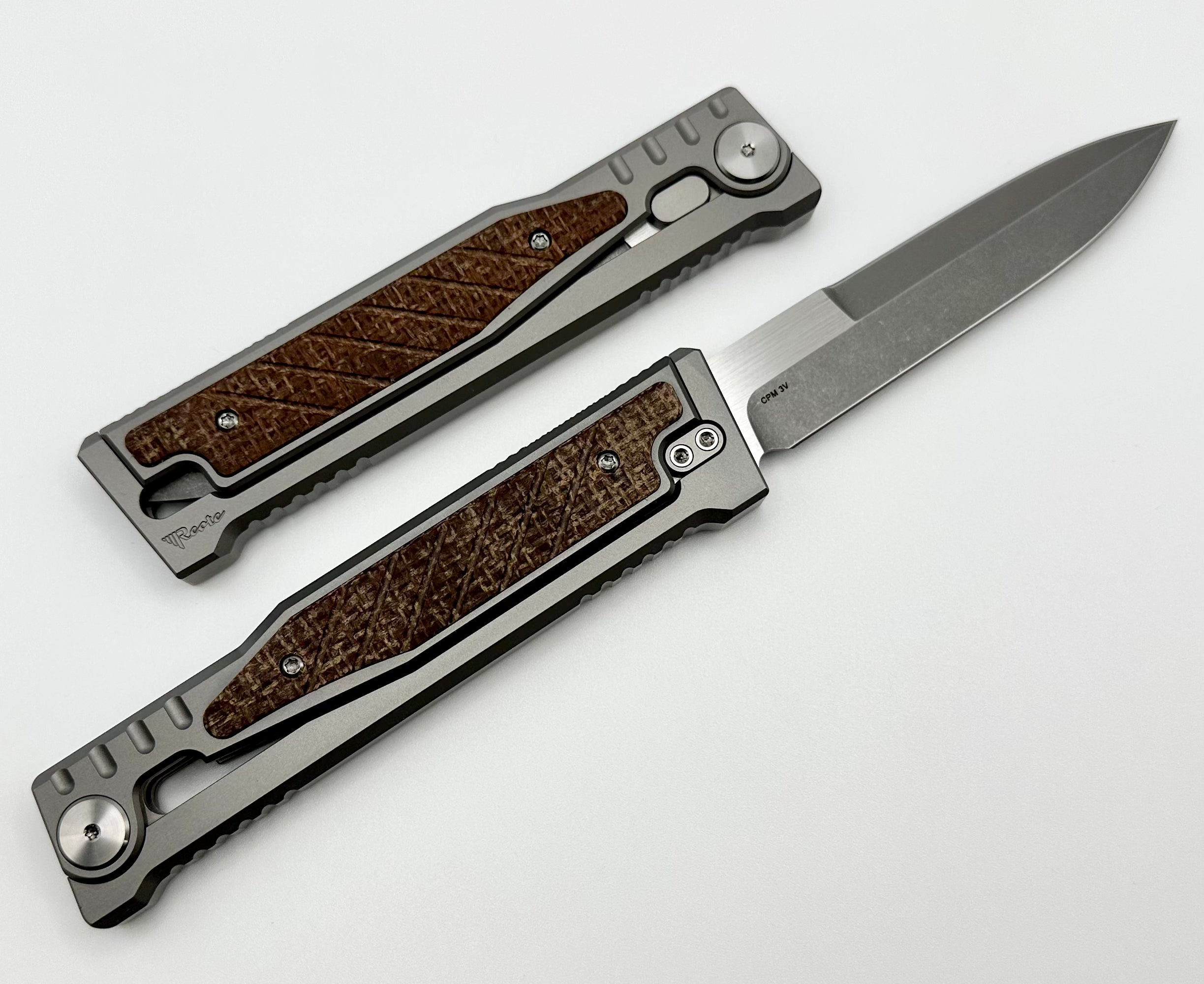 Reate EXO Exoskeleton Design Titanium/Burlap Micarta & CPM-3V Double Edge