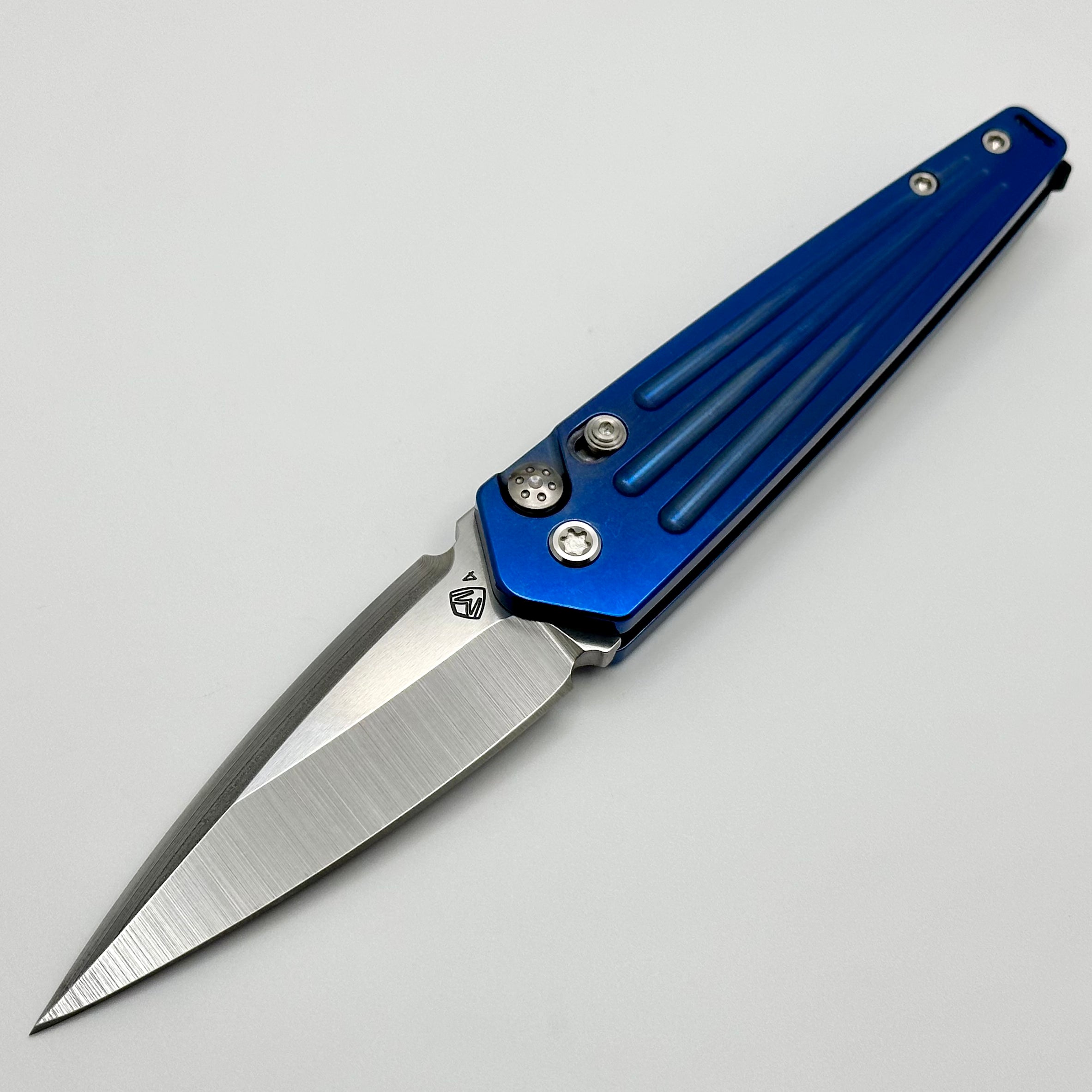 Medford Knife Nosferatu Auto Blue Tumbled Handles & Tumbled S45VN