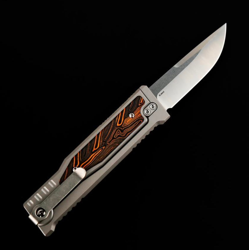 Reate EXO M Orange/Black Damascus Pattern G-10 & Satin/Stonewash Drop Point