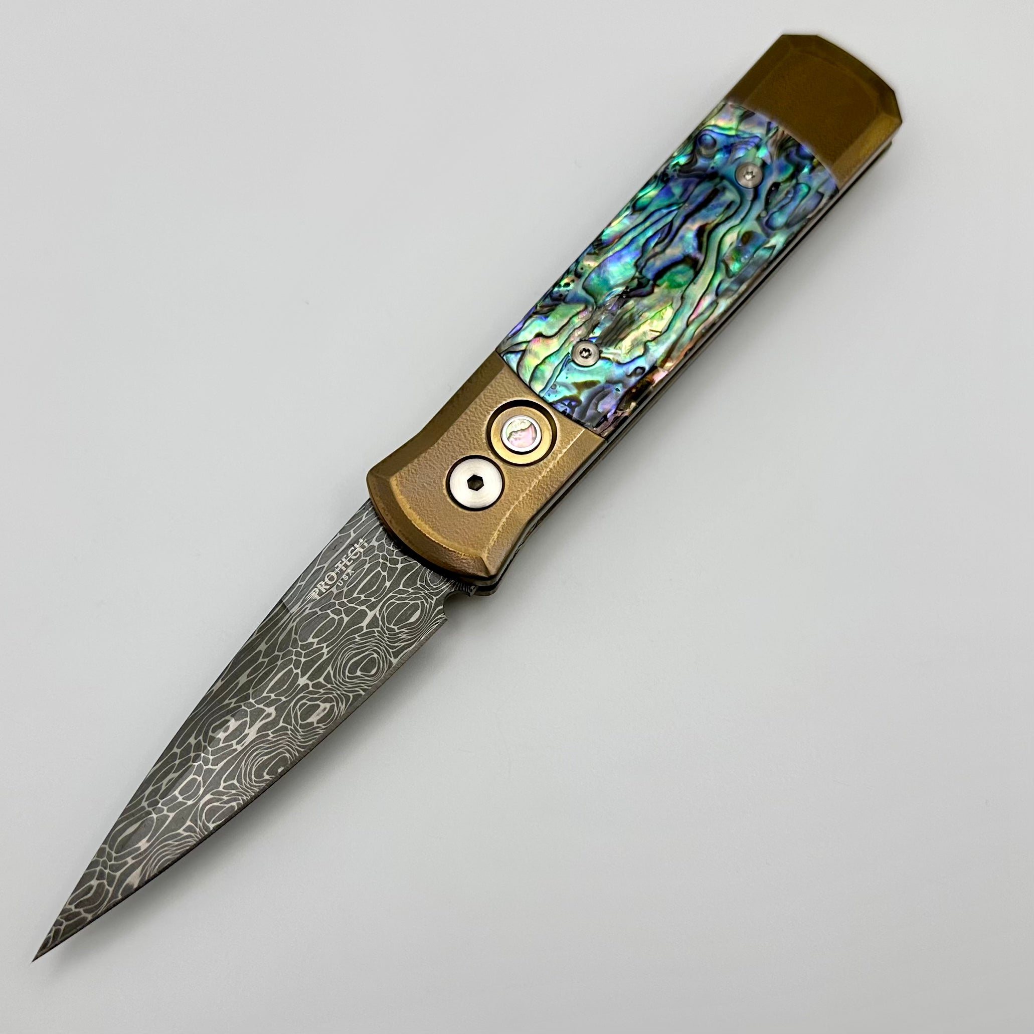 Pro-Tech Godson Bronze Titanium & Abalone Inlays w/ Vegas Forge Damascus Blade 2024 Godson Custom.002