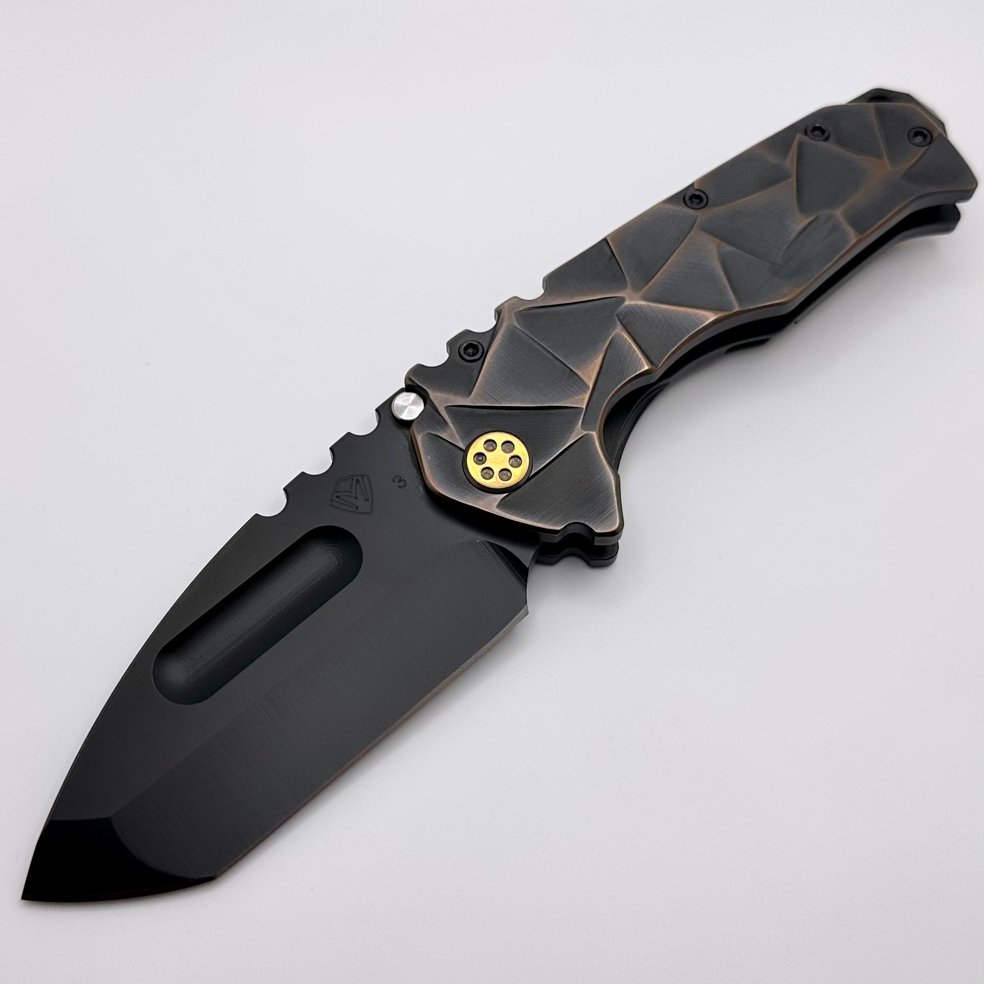 Medford Knife Praetorian TI PVD 3V Tanto & Cement Brushed/Bronze Flats Stained Glass Sculpting w/ PVD/ Bronze Hardware/Clip