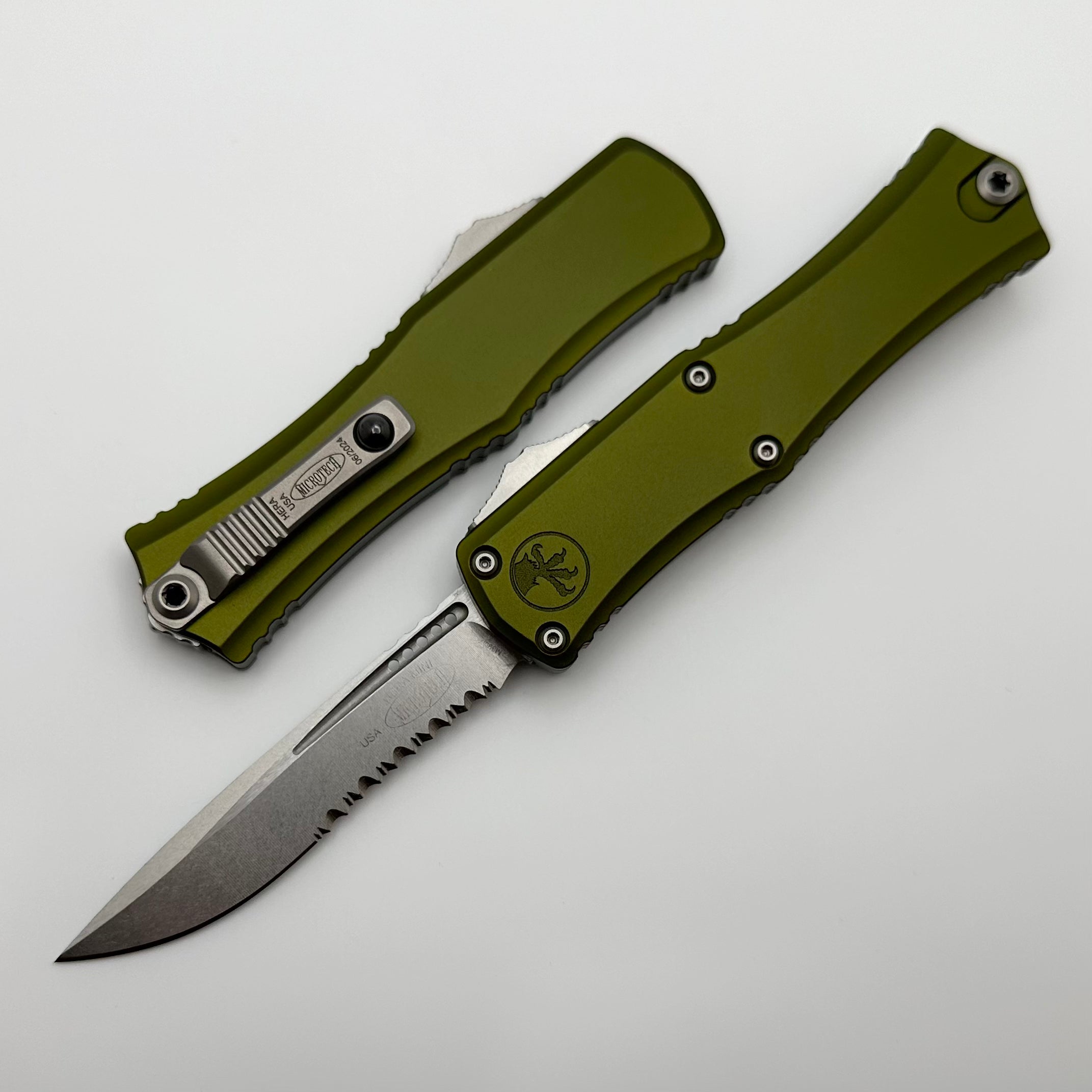 Microtech Knives Hera II Mini Stonewash Partial Serrated Recurve M390MK w/ OD Green Handle 1705M-11OD