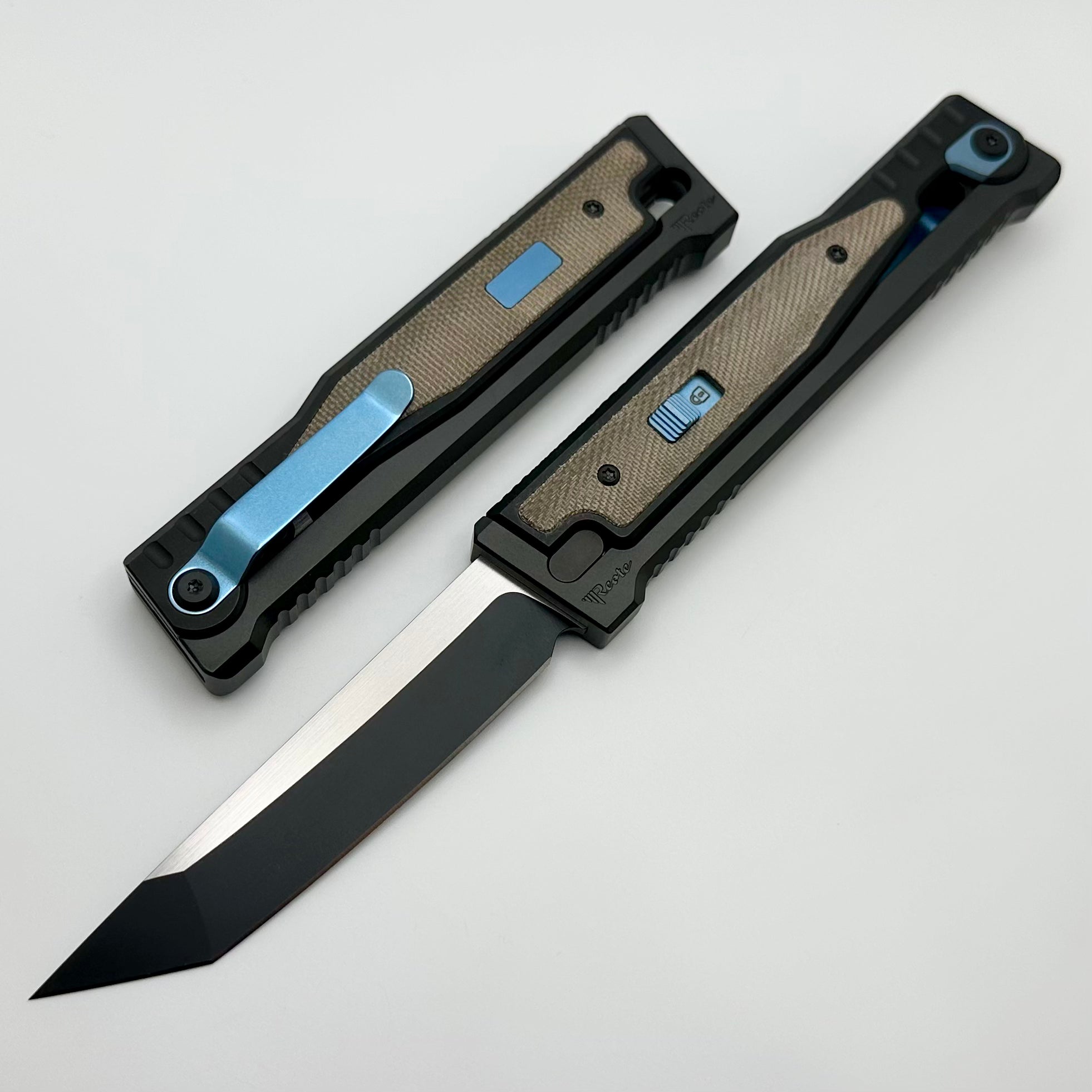 Reate EXO Exoskeleton Design V2 Twill Green Micarta & Two Tone Black PVD Tanto w/ Blue Accents