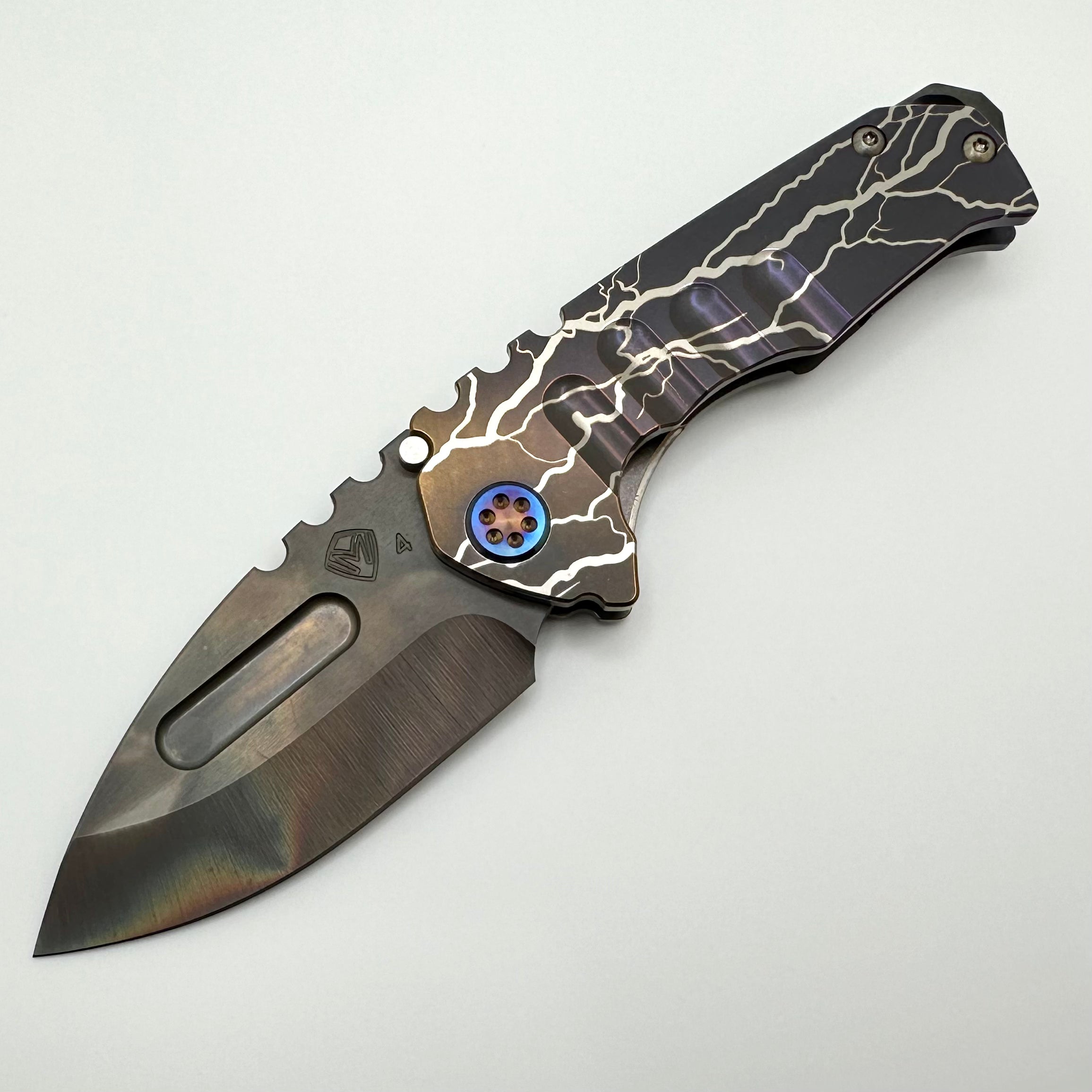 Medford Praetorian Genesis T Lightning Strike Engraved Bronze/Violet Handles w/ Flamed Hardware/Clip & S45VN Vulcan Drop Point