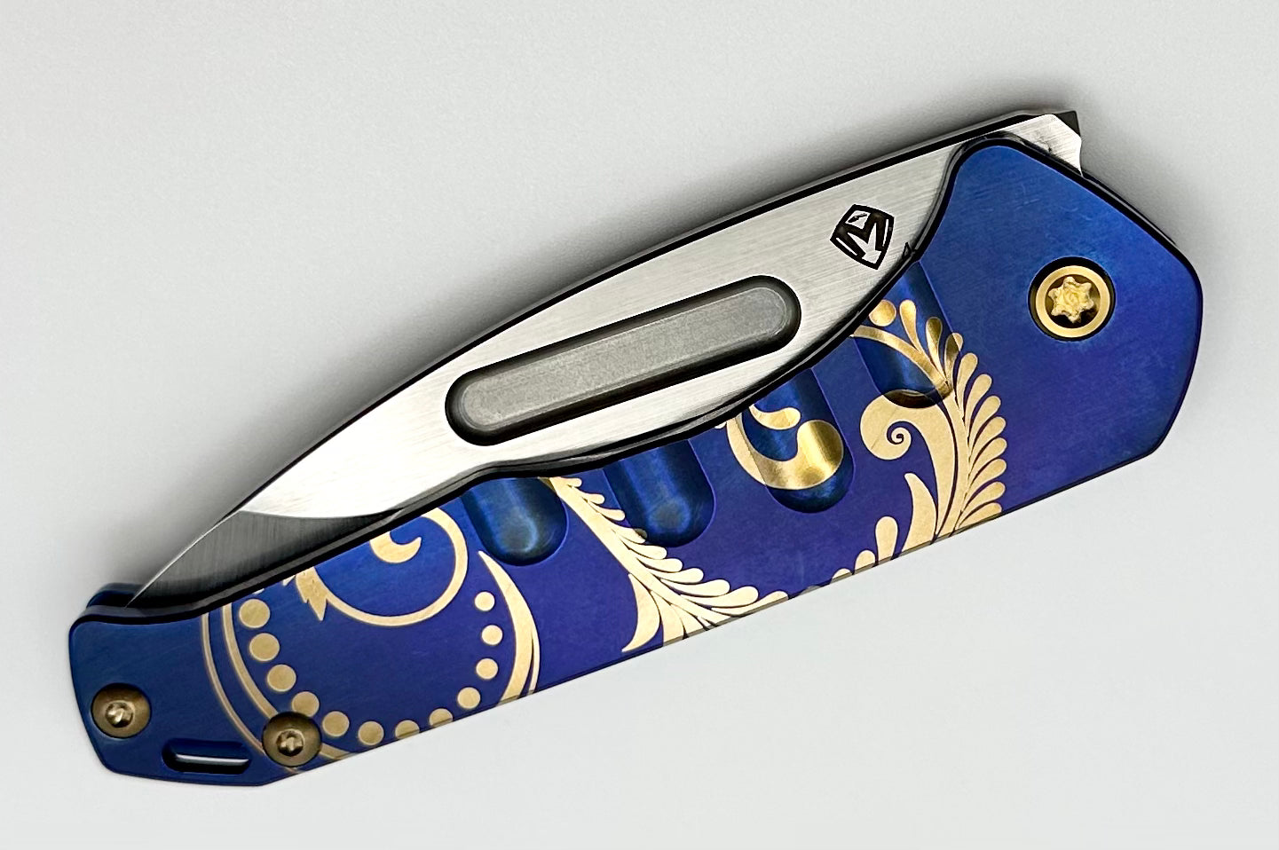 Medford Praetorian Slim w/ Tumbled S45VN Drop Point & Blue Filigree w/ Bronze Hardware/Clip