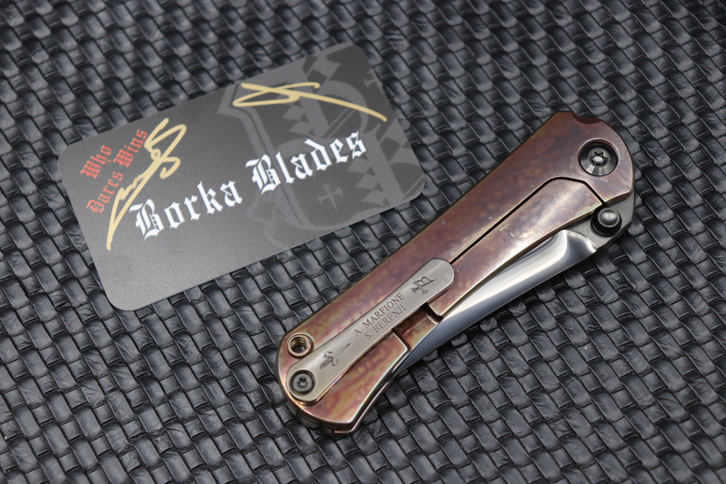 Marfione Custom Knives & Borka Blades Collaboration SBKF DLC Assassin Grind Diamond Finished M390 Blade & Bloodwash Scales