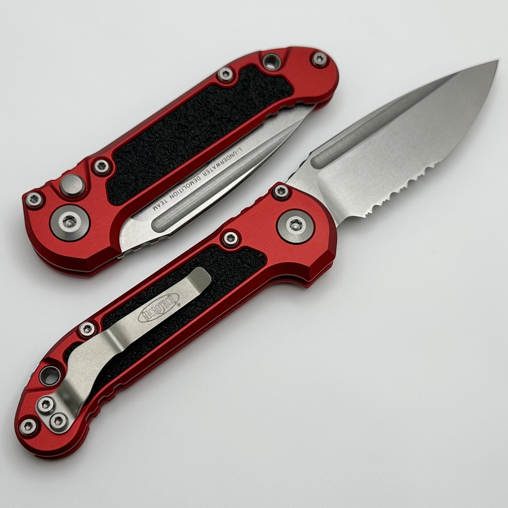 Microtech Knives LUDT Gen III Stonewash Partial Serrated Drop Point w/ Red Handle 1135-11RD