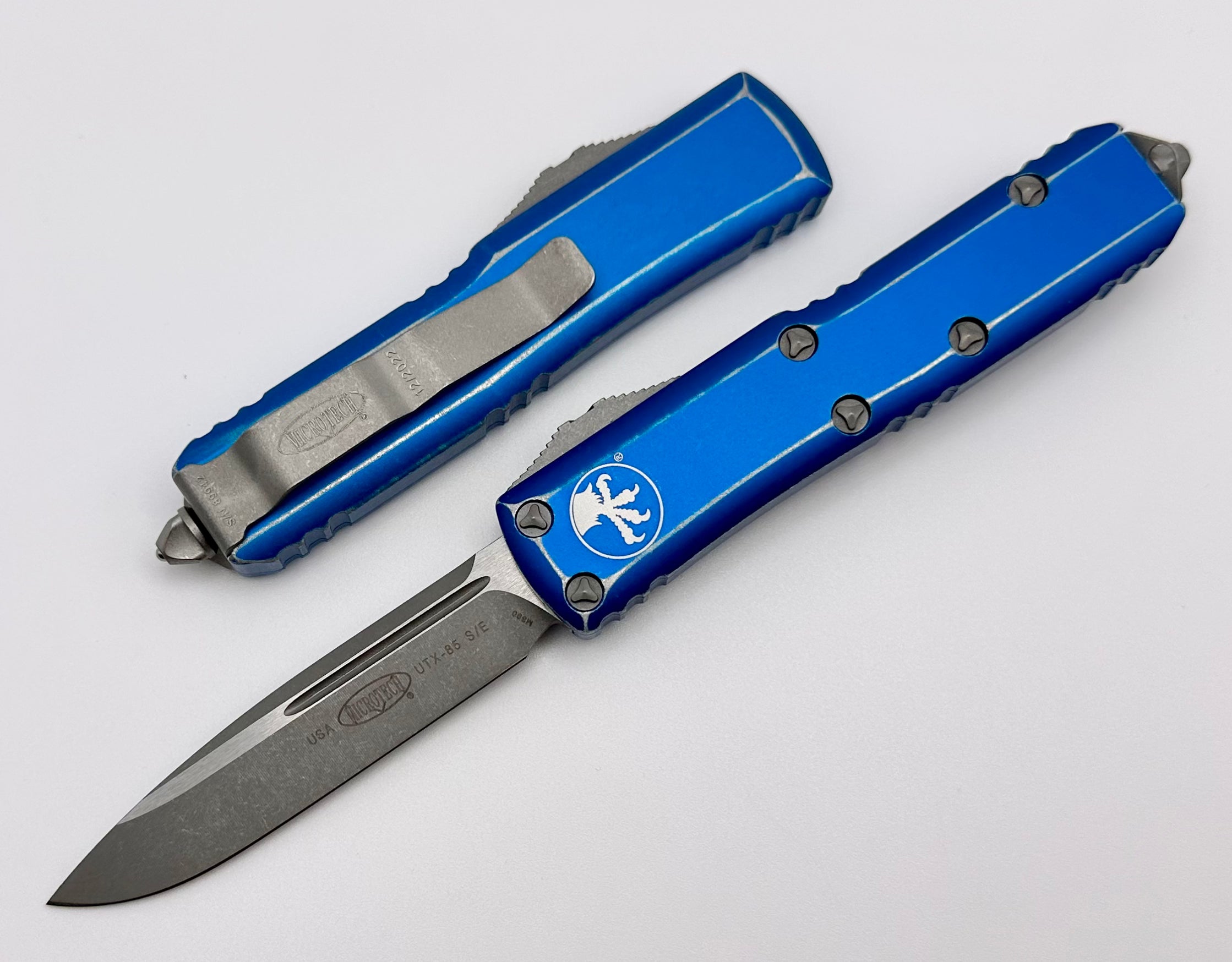 Microtech UTX-85 Single Edge Stonewash Standard & Distressed Blue 231-10DBL