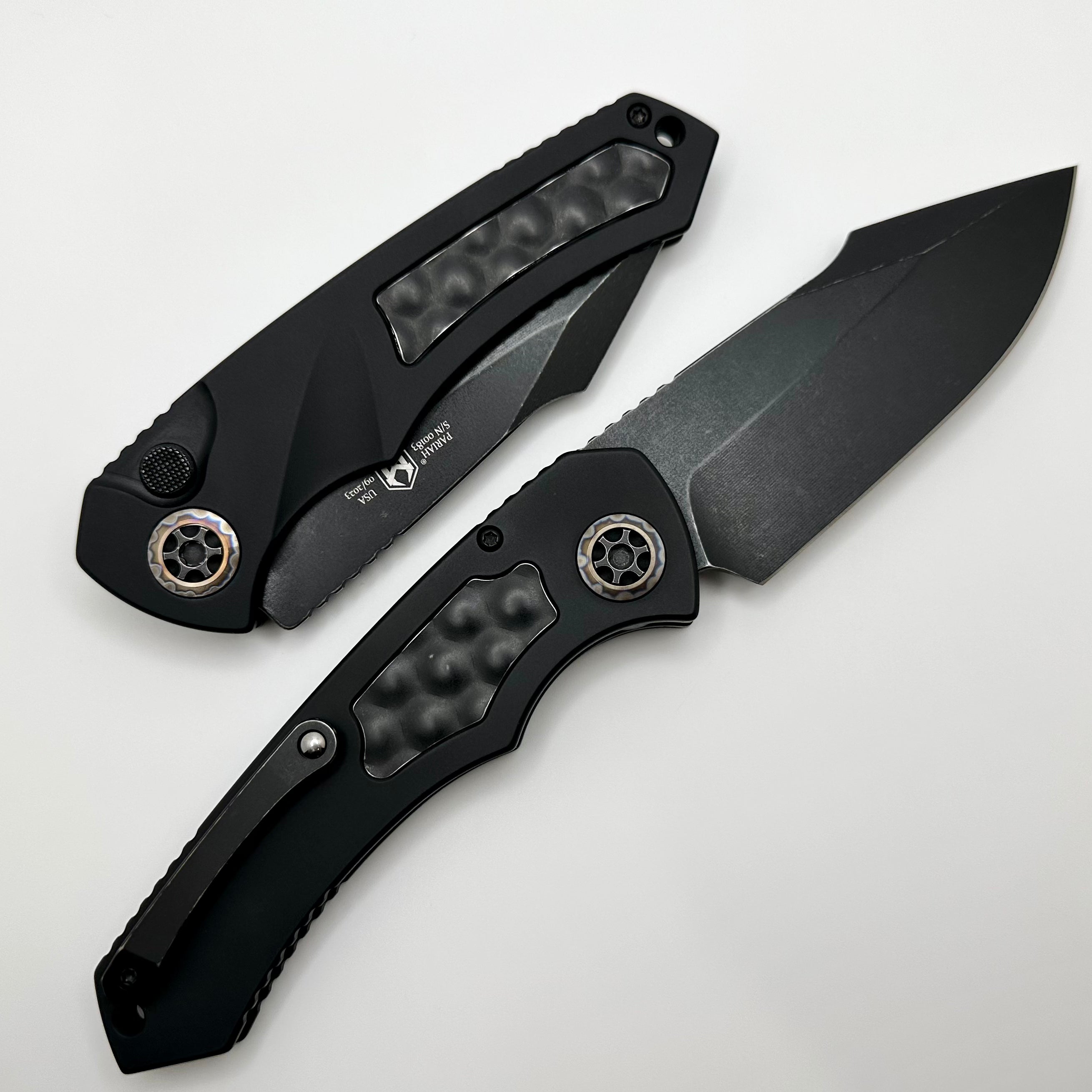 Heretic Knives Pariah Auto Battleworn Black Standard w/ Bubble Inlays & MagnaCut w/ Flamed Pivot Collars H048-8A