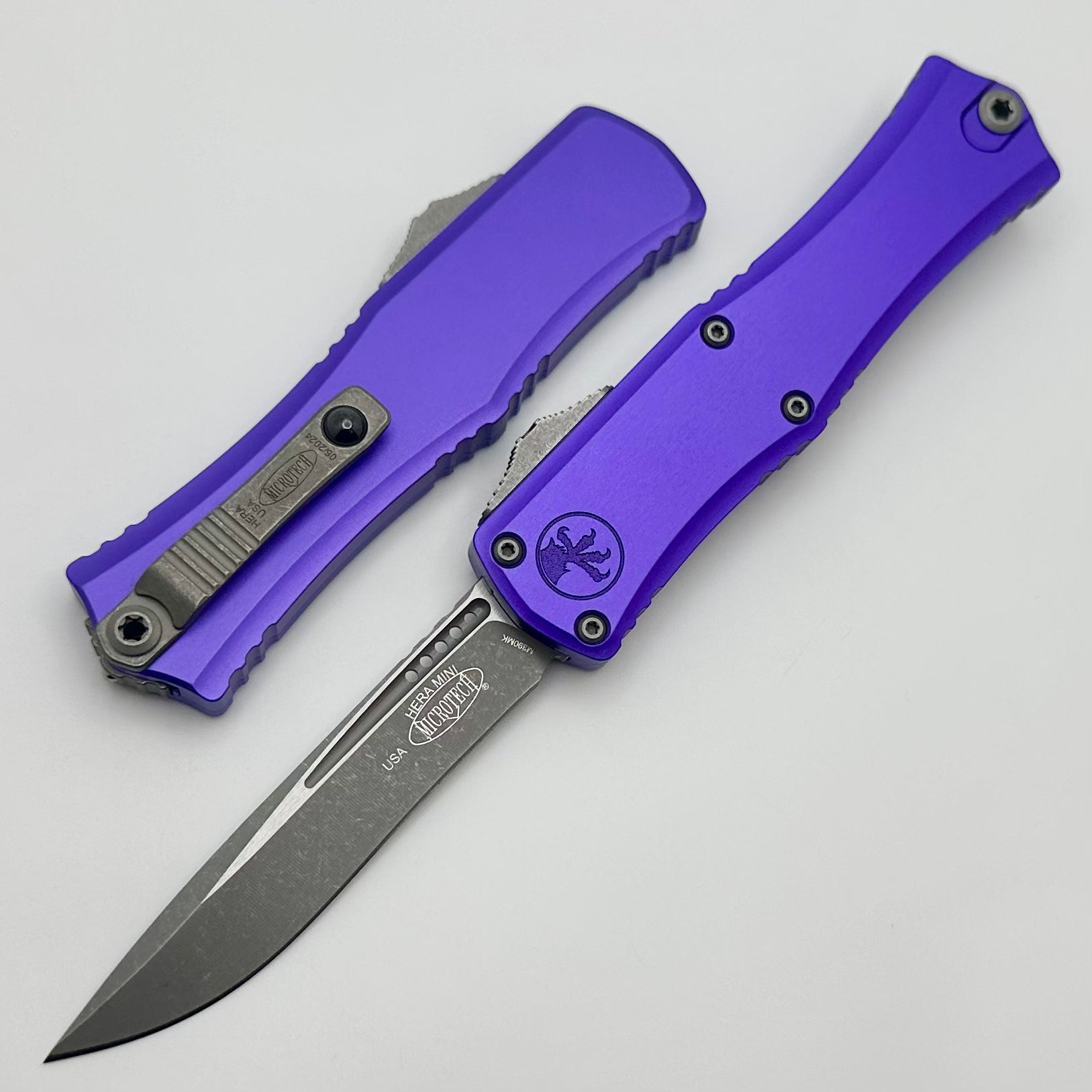 Microtech Knives Mini Hera Apocalyptic Recurve M390MK w/ Purple Handle 1705M-10APPU