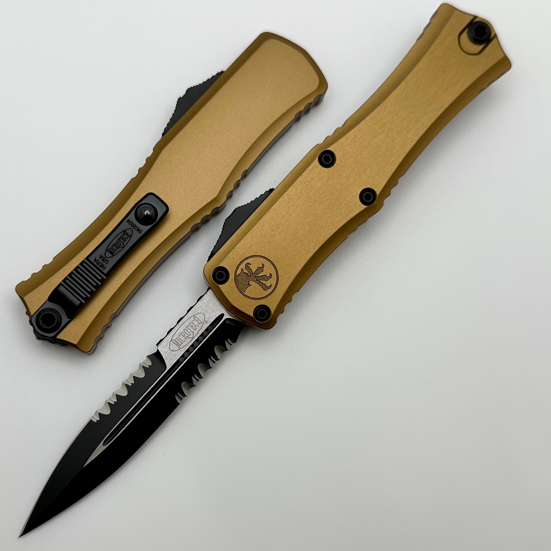 Microtech Knives Mini Hera Tan w/ Partial Serrated Bayonet M390MK 1701M-2TA