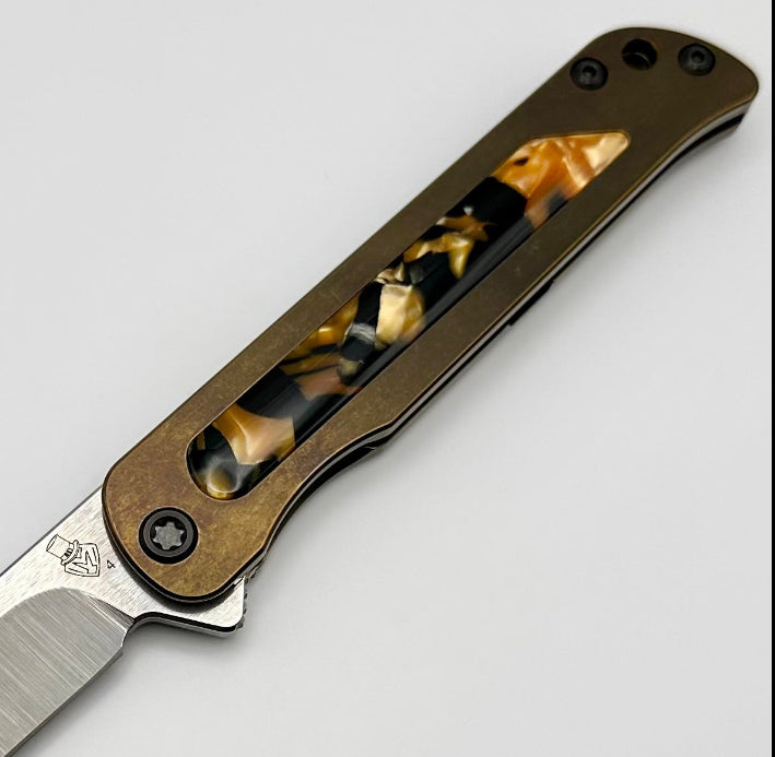 Medford T-Bone Bronze Tumbled Titanium Framelock Flipper w/ Tortoise Shell Inlay & PVD Hardware w/ Tumbled S45VN Blade