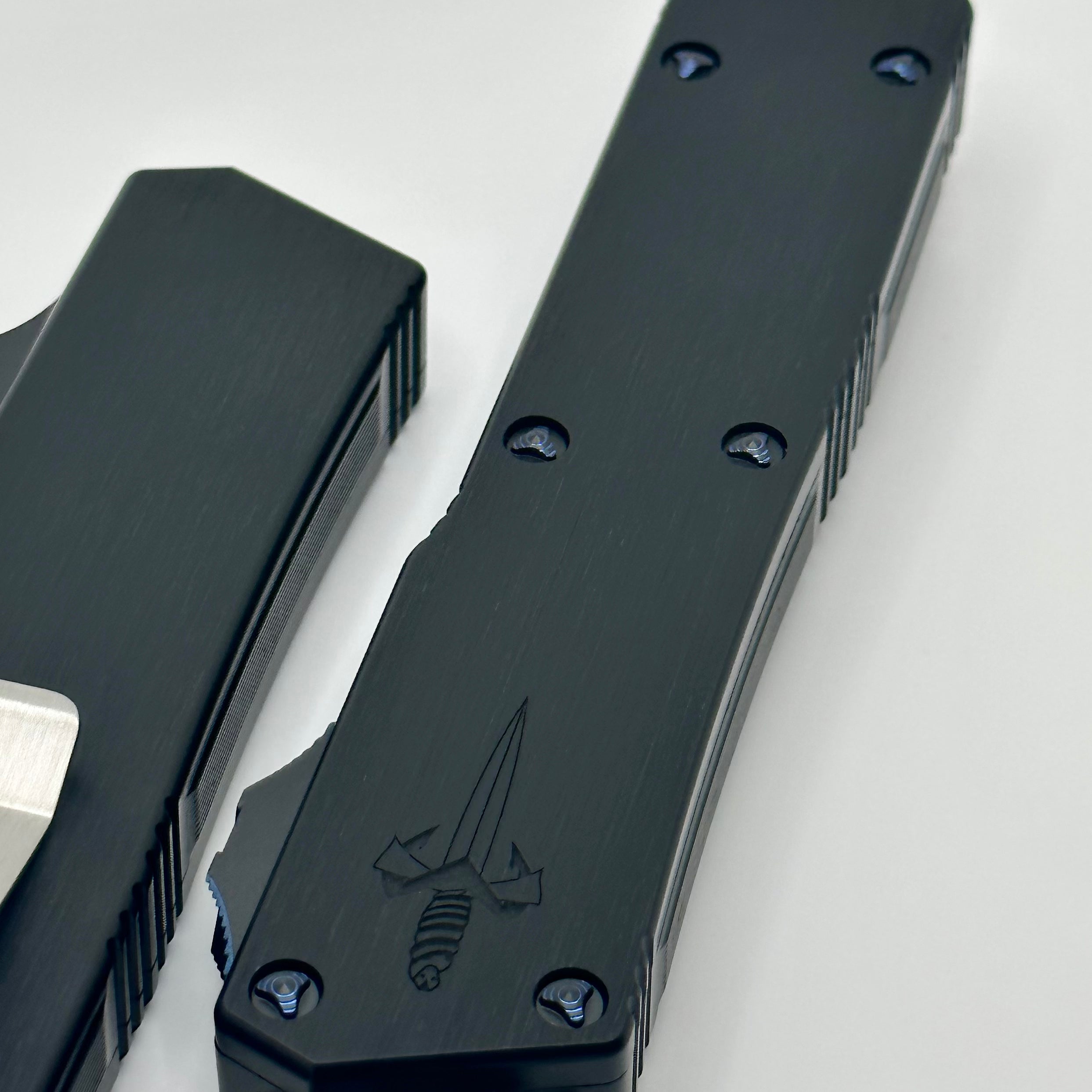 Marfione Custom Knives Scarab 2 DES Mirror Polish M390 w/ Hefted Black Handle & Blue Ringed Ti Hardware