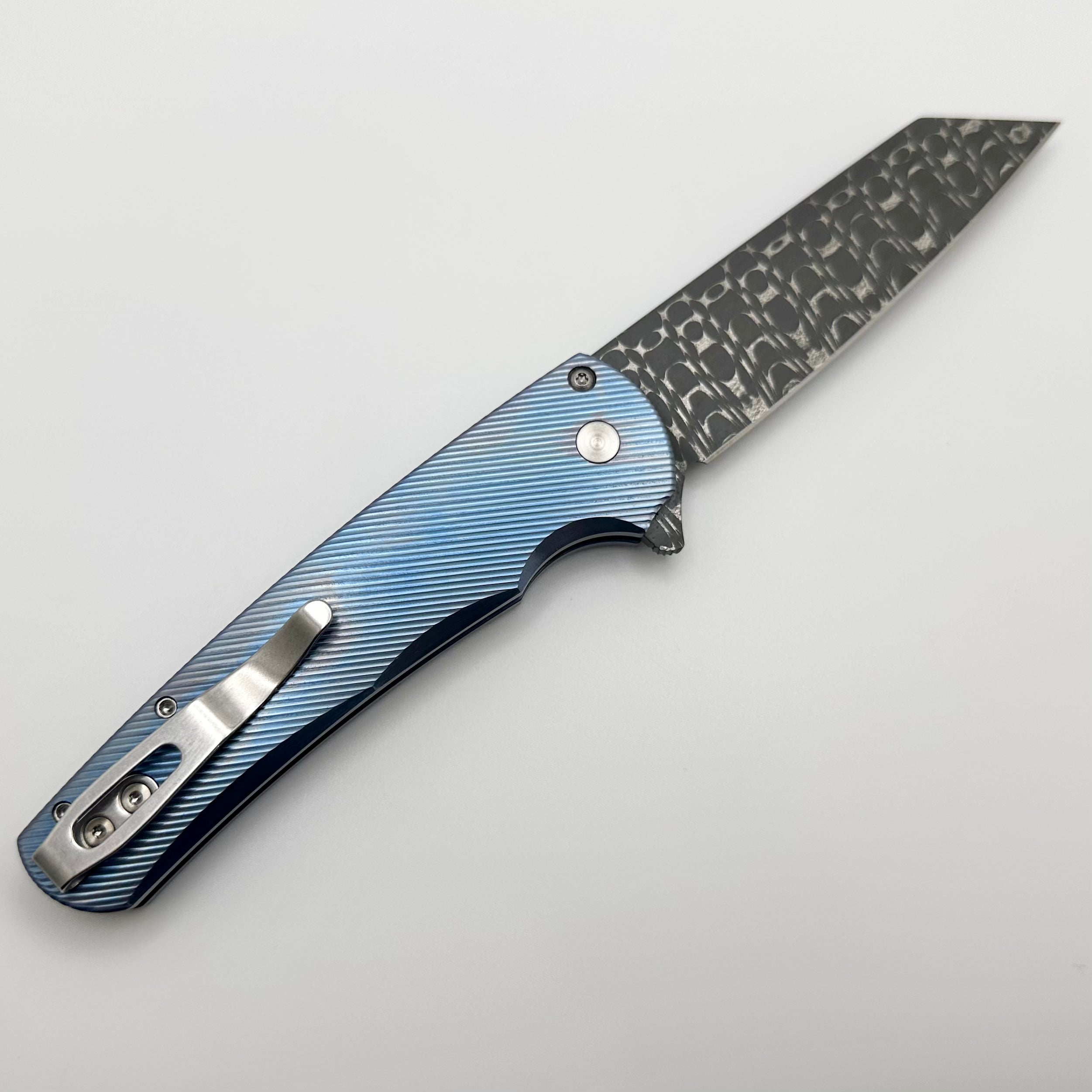 Pro-Tech Malibu Blue Ano Titanium Handle w/ Pearl Button & Vegas Forge Razorwire Damascus Reverse Tanto Blade 2023 Custom 008