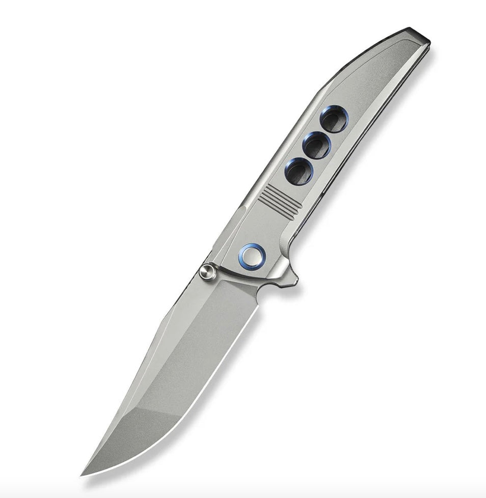 We Knife Ezinta Flipper Polished Bead Blasted Titanium Integral Handle w/ Blue Holes & Polished Bead Blasted M390 WE22041-2