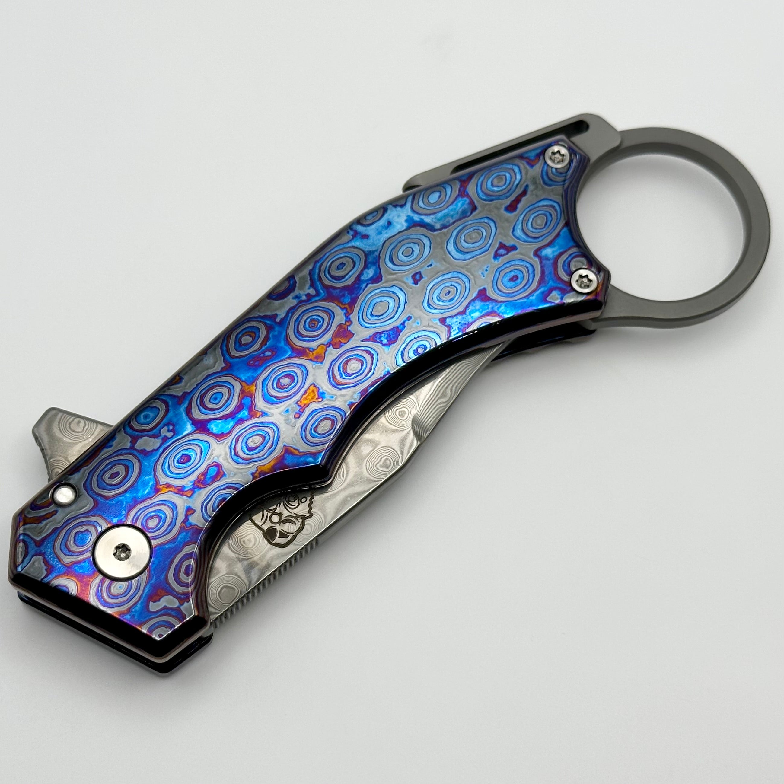 Mechforce Knives Jon Graham Collab Ringed Rhino Flipper Rose Damascus w/ Zircuti Handles