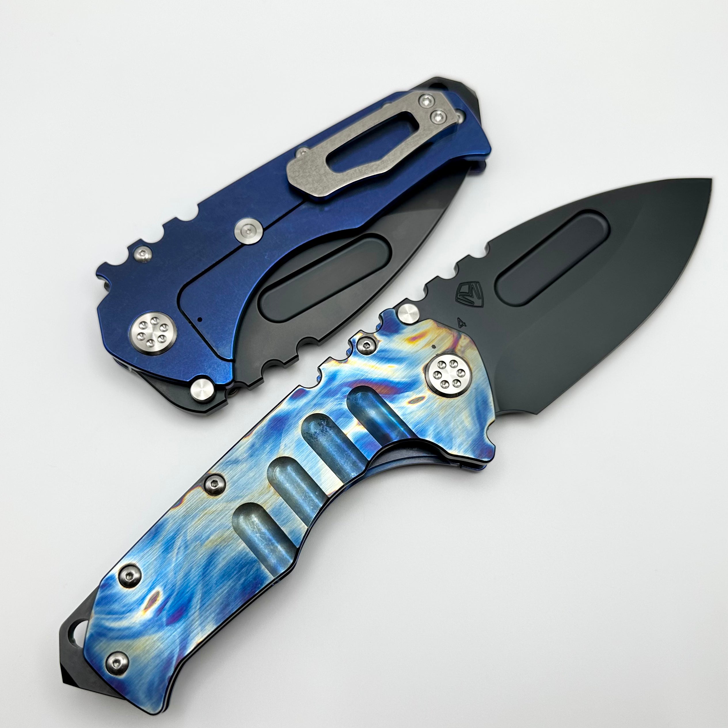 Medford Knife Lefty Praetorian T PVD Drop Point S45 & Flamed & Blue Handle Left Hand