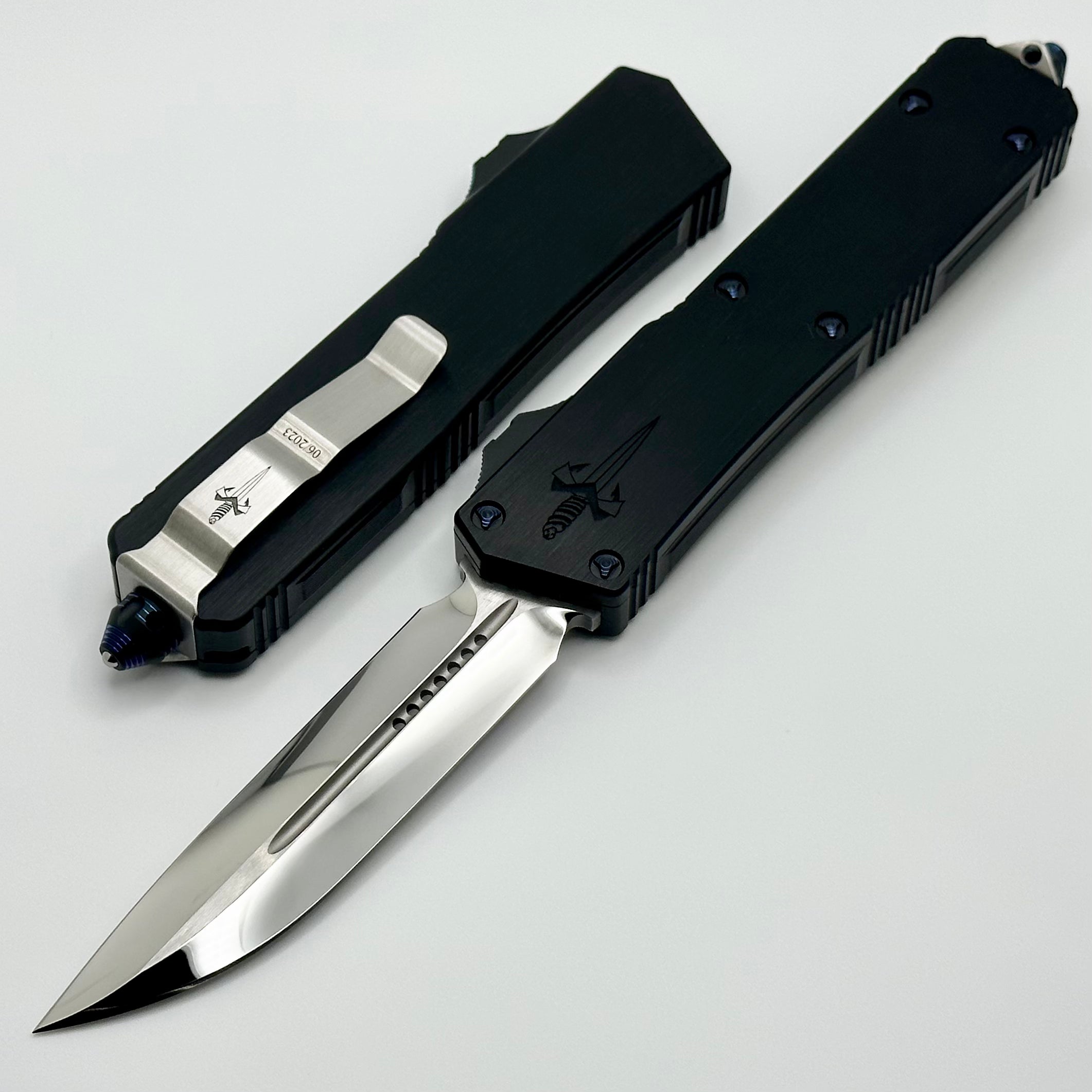 Marfione Custom Knives Scarab 2 DES Mirror Polish M390 w/ Hefted Black Handle & Blue Ringed Ti Hardware