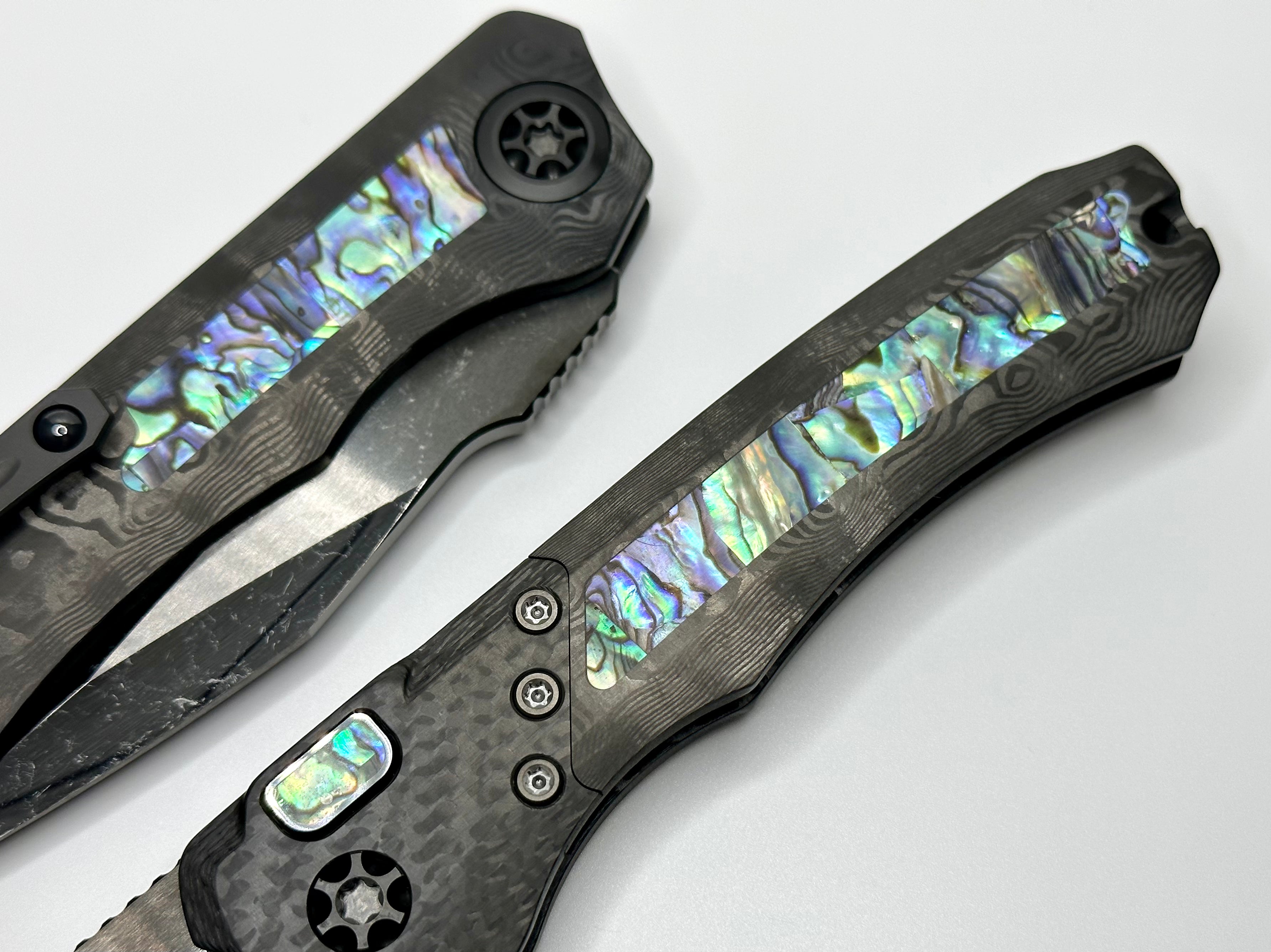 Heretic Knives Wraith Auto w/ Black Dunes Fat Carbon & Abalone Inlays w/ Hand Ground Cracked Ice DLC Elmax Blade