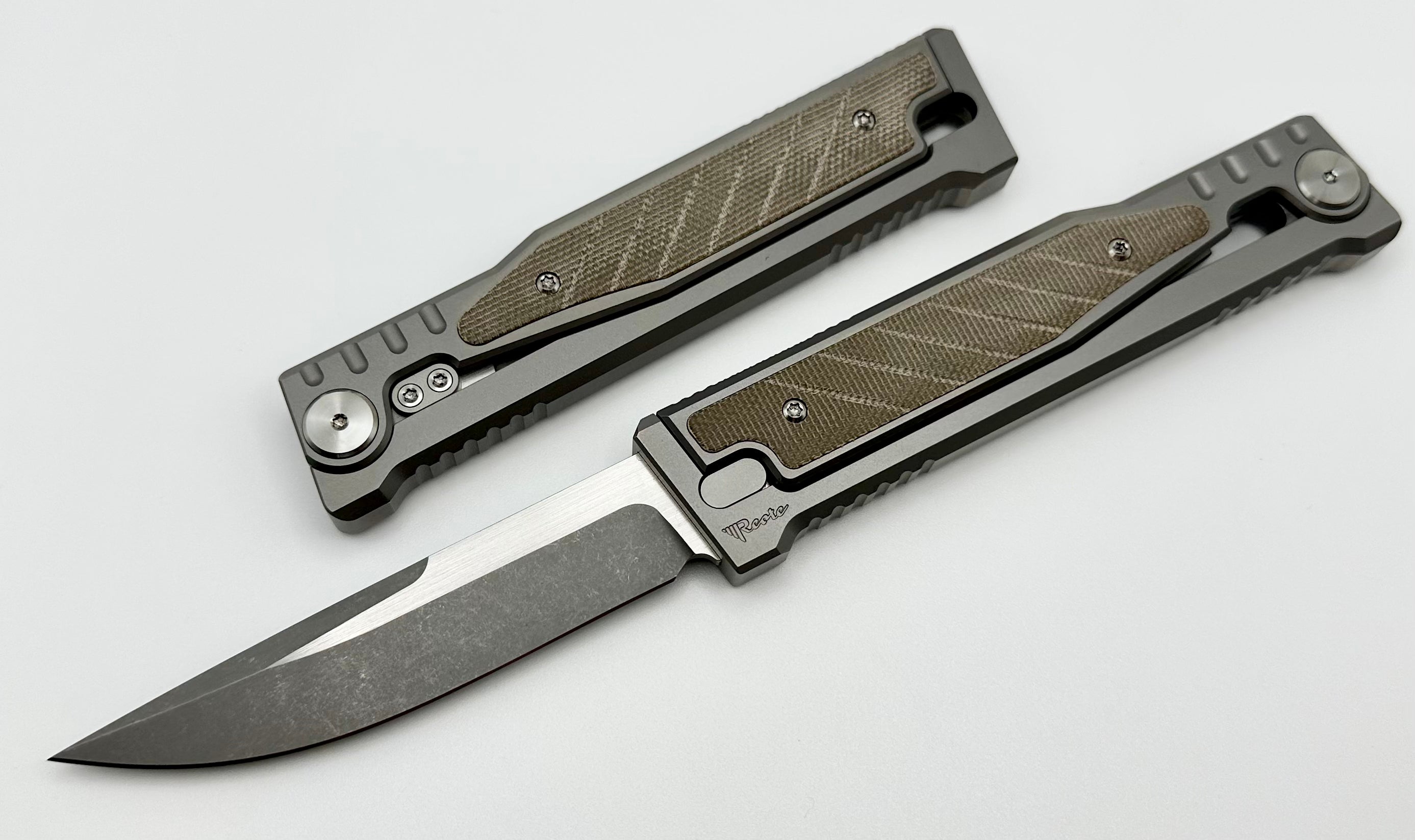 Reate EXO Exoskeleton Design Titanium/Green Micarta & CPM-3V Drop Point