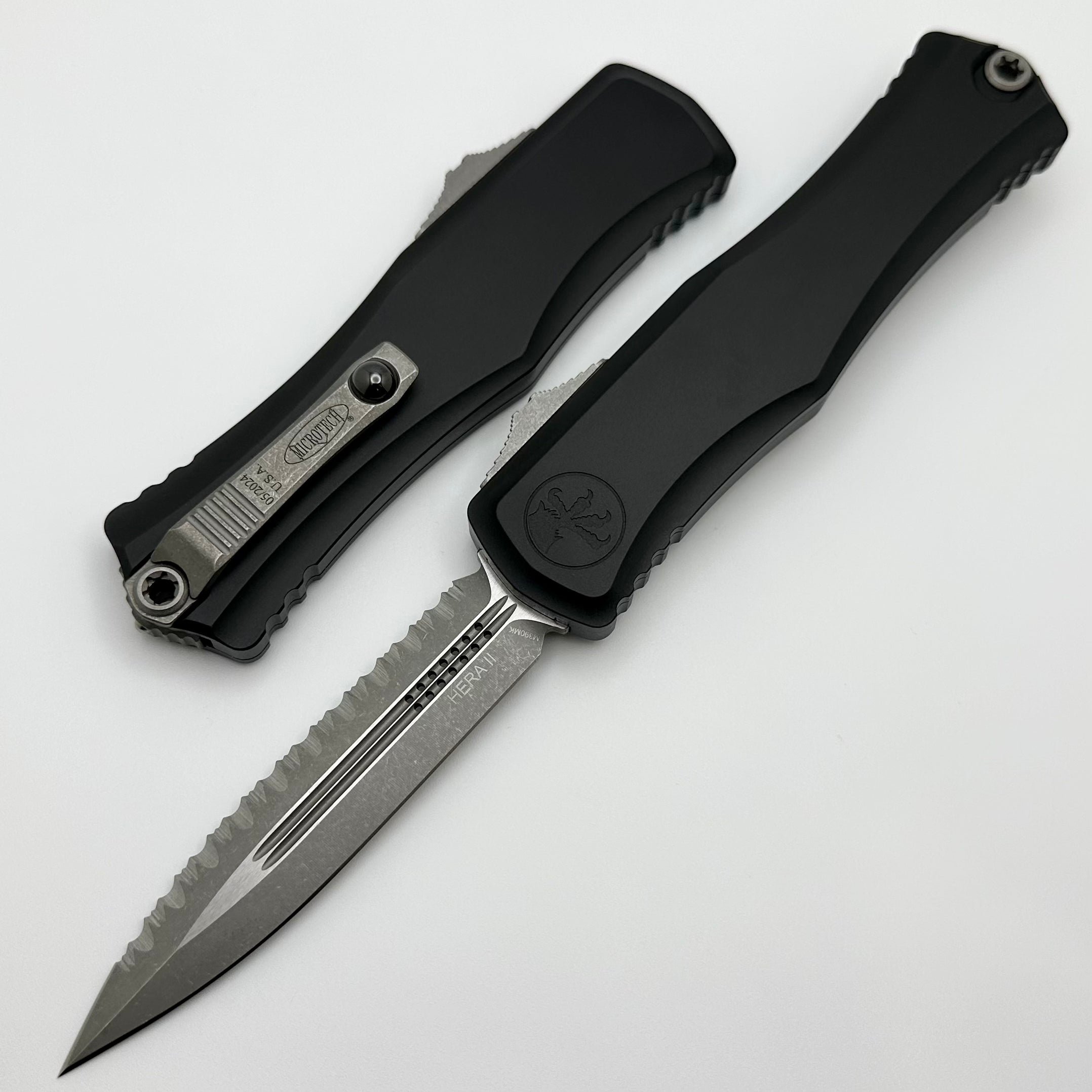 Microtech Knives Hera II Apocalyptic Double Edge Full Serrated w/ Black Handle 1702-12AP