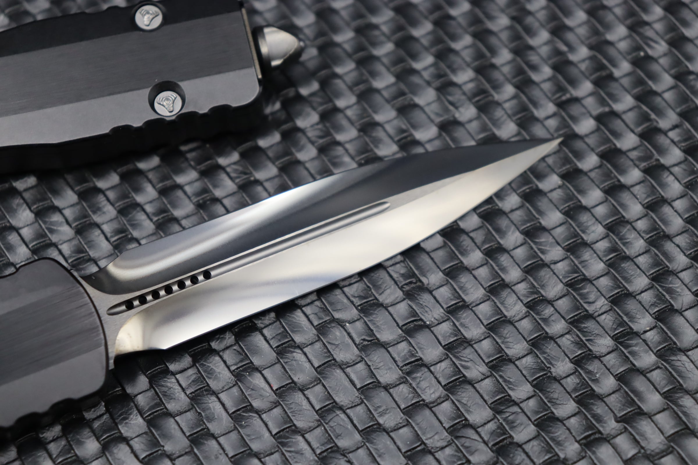 Marfione Custom Knives Dirac Delta D/E DLC Diamond Wash Finish w/ Hefted Black Handle & DLC Ringed Hardware