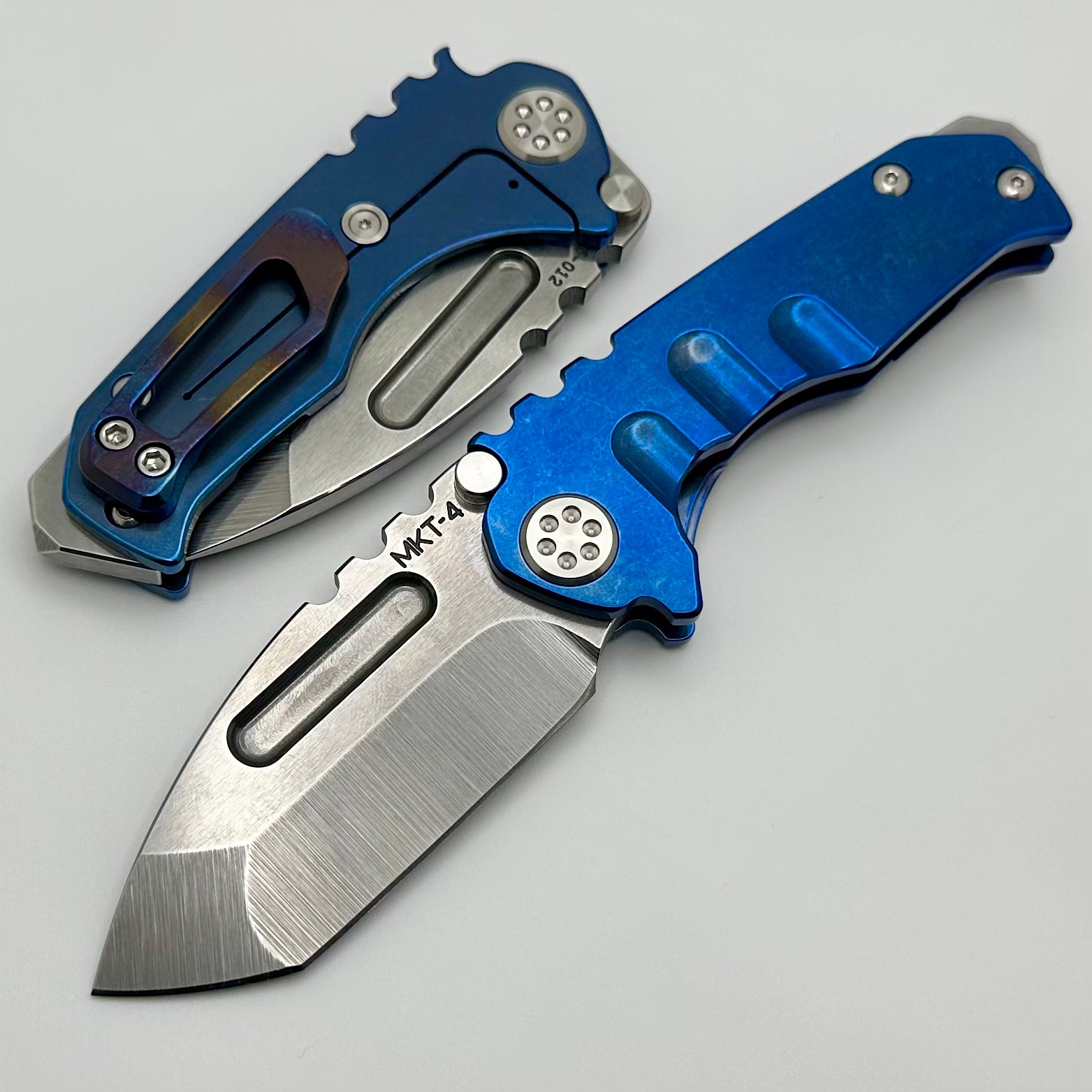 Medford Micro Praetorian T w/ S45 Tumbled Tanto & Blue Tumbled Handles w/ Flamed Clip