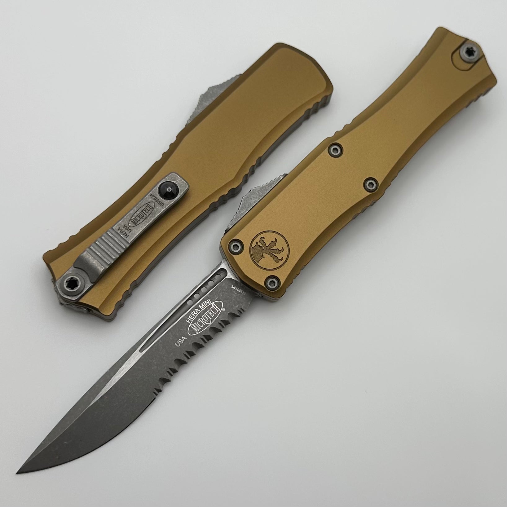 Microtech Knives Hera II Mini Apocalyptic Partial Serrated Recurve M390MK w/ Tan Handle 1705M-11APTA