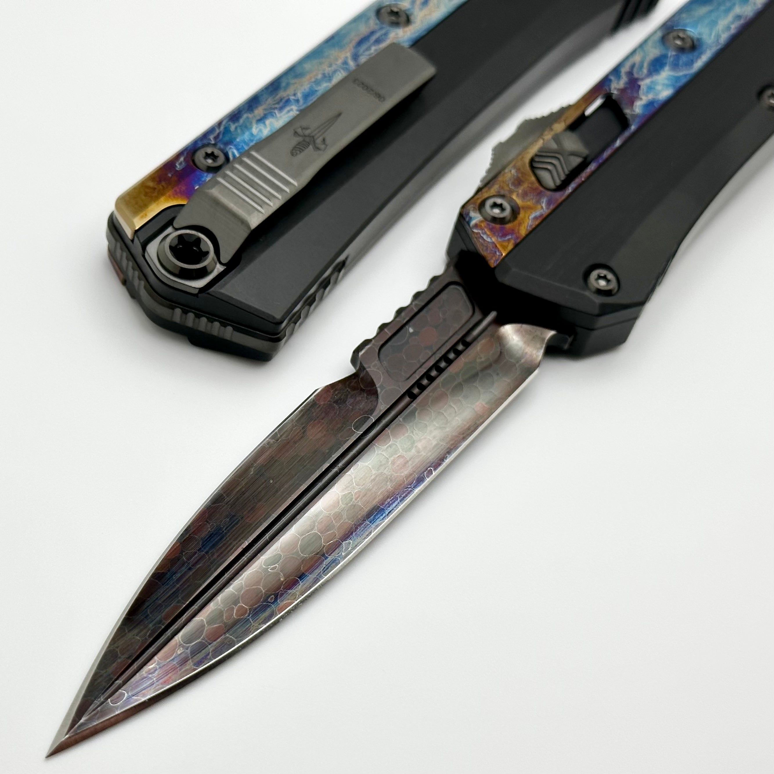 Marfione Custom Knives Glykon Hot Blued Dragonskin Bertie Rietveld Ball Bearing Damascus w/ Galactic Acid Overlays