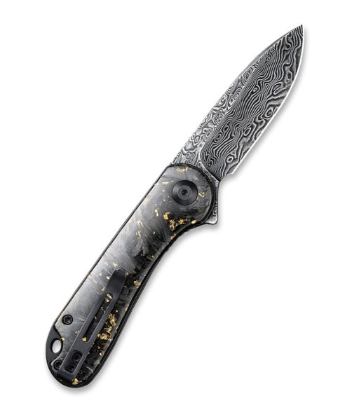 Civivi Elementum Flipper Knife - Shredded Carbon Fiber And Golden Shred In Clear Resin Contoured Handle (2.96 Black Hand Rubbed Damascus) C 907C-DS1