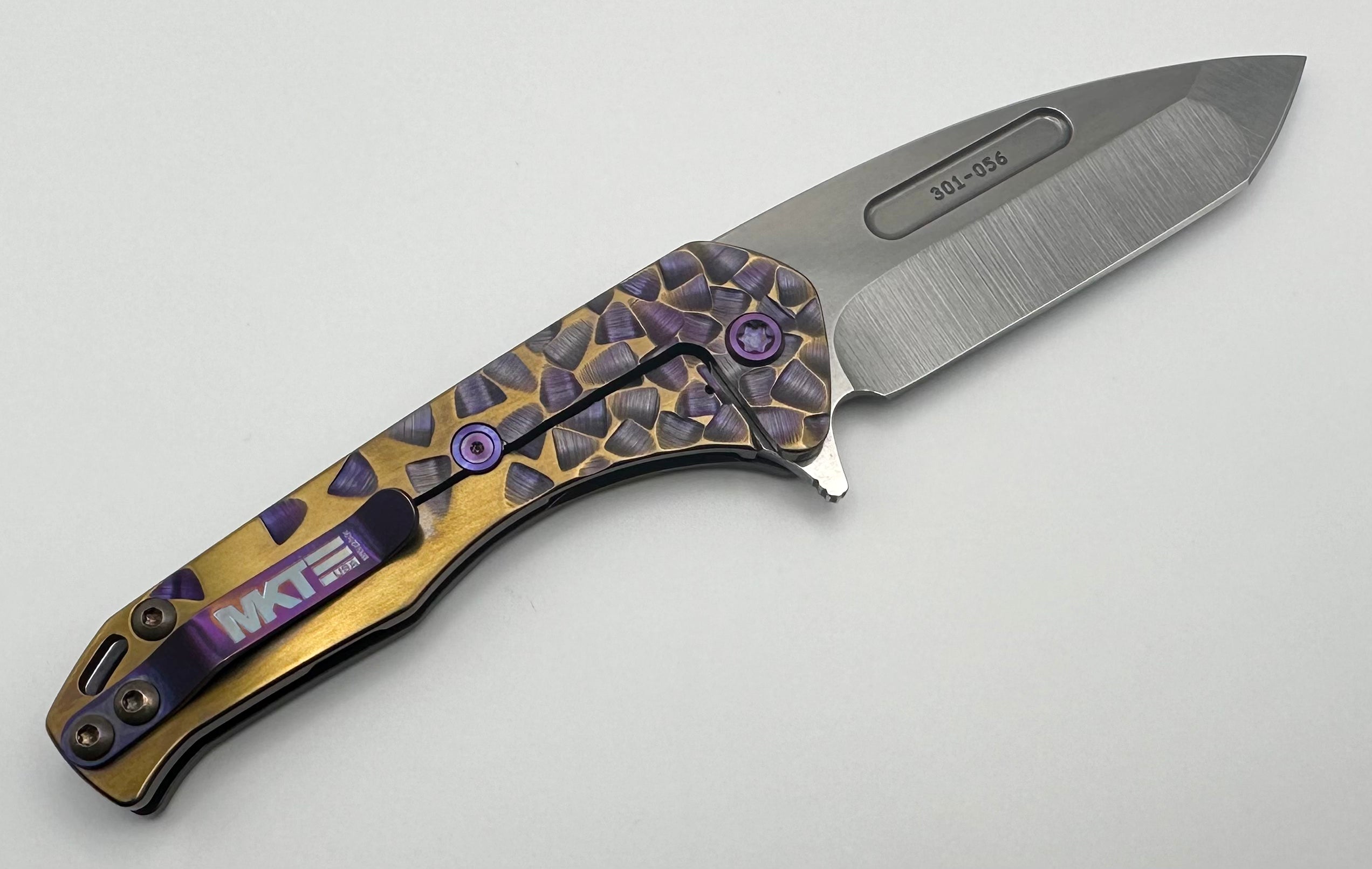 Medford Praetorian Slim Flipper S45VN Tumbled Tanto & Bronze/Violet Falling Leaf Sculpted Handles w/ Violet Hardware/Clip