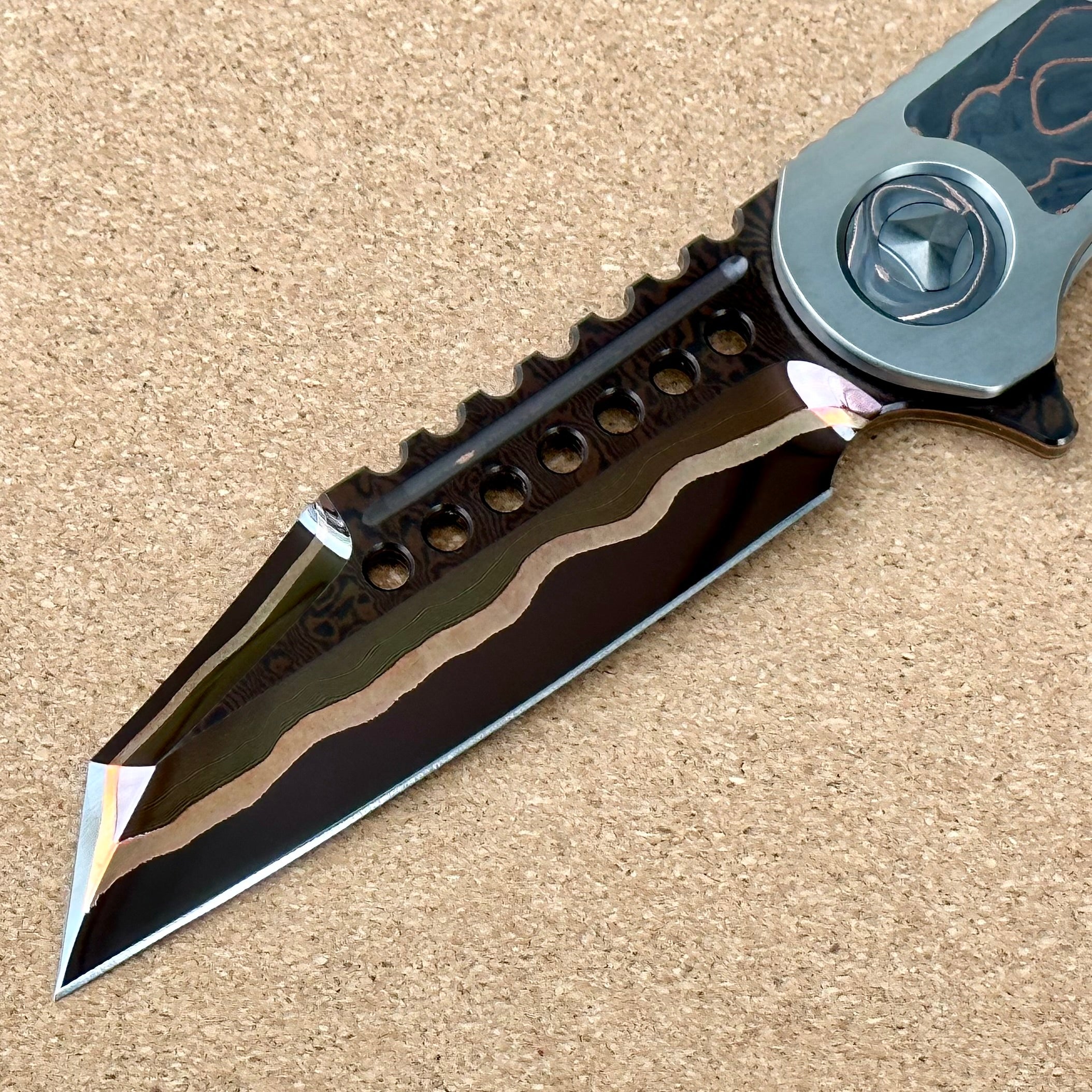 Marfione Custom Knives Warhound Sunset GoMai Baker Forge Damascus w/ Titanium & Protech Composites Copper CF Inlay