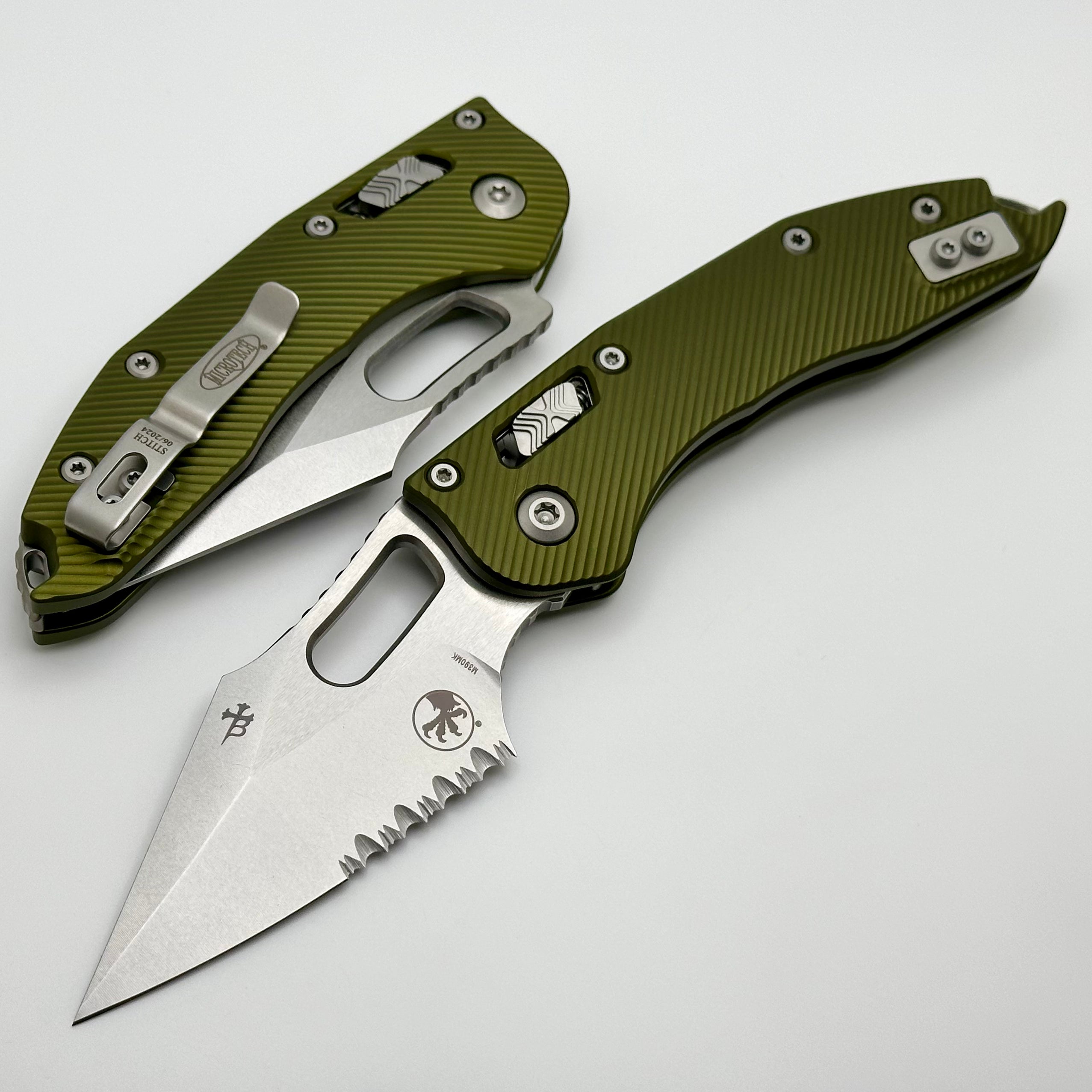 Microtech Knives Manual Stitch RAM LOK Fluted OD Green Aluminum & Partial Serrated M390MK 169RL-11FLOD