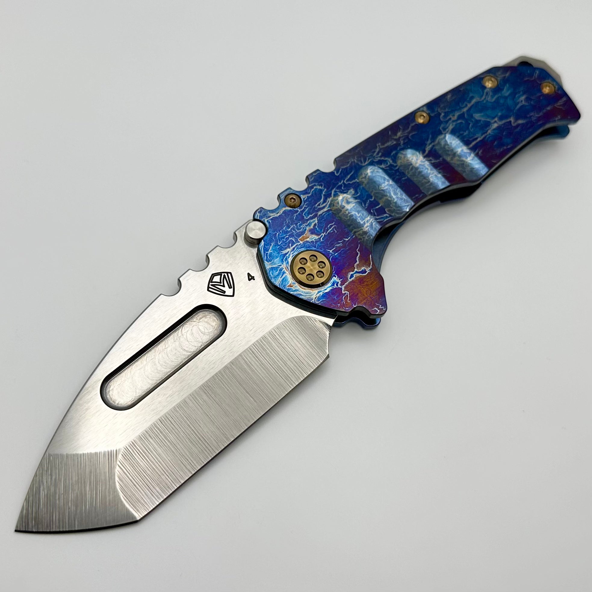 Medford Knife Praetorian T Tumbled S45 Tanto & Acid Etch Flamed/Blue Handles w/ Bronze Hardware/Clip