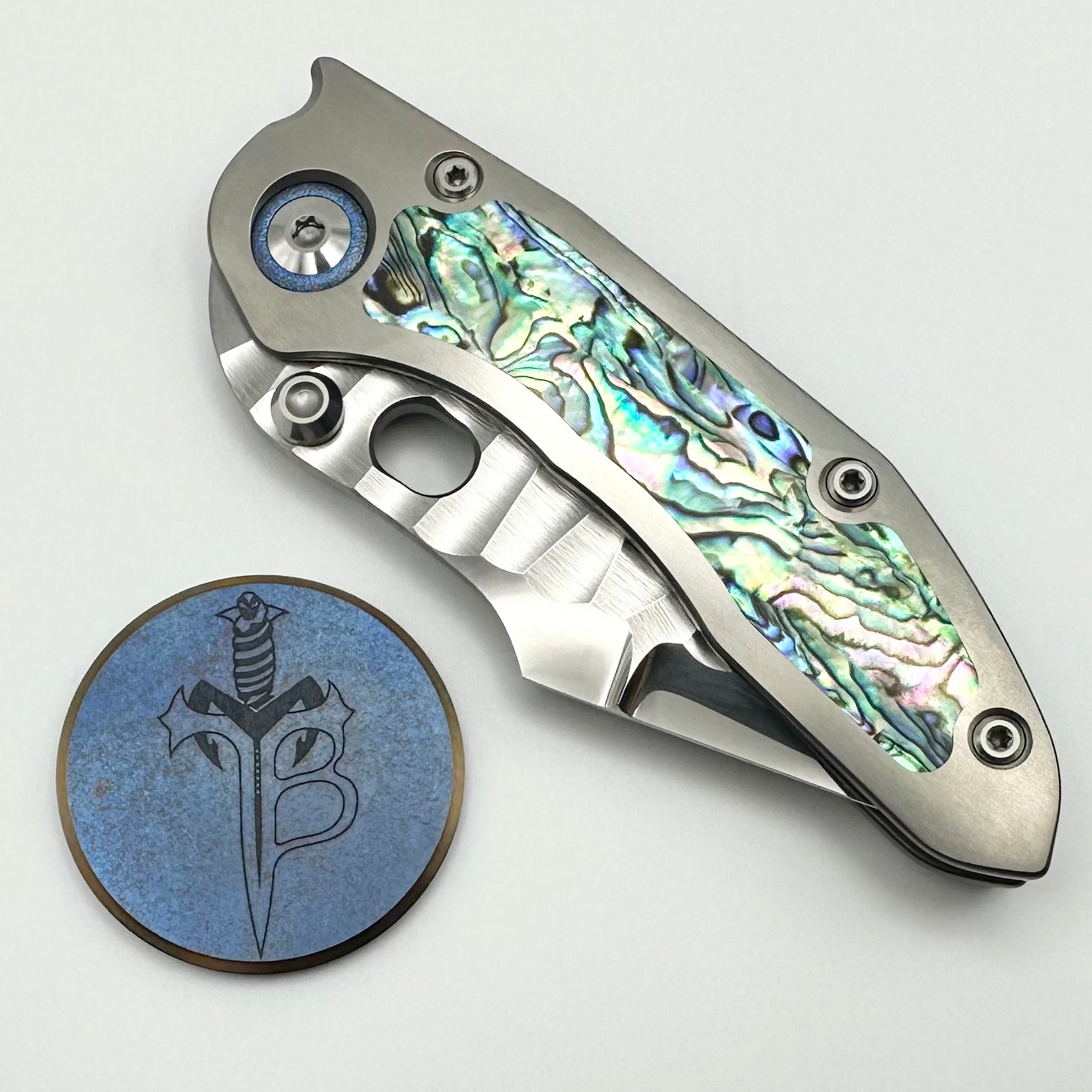 Marfione Custom Knives & Borka Blades Stitch w/ Diamond Wash Rocked Double Star Grind M390 & Abalone Inlaid Titanium