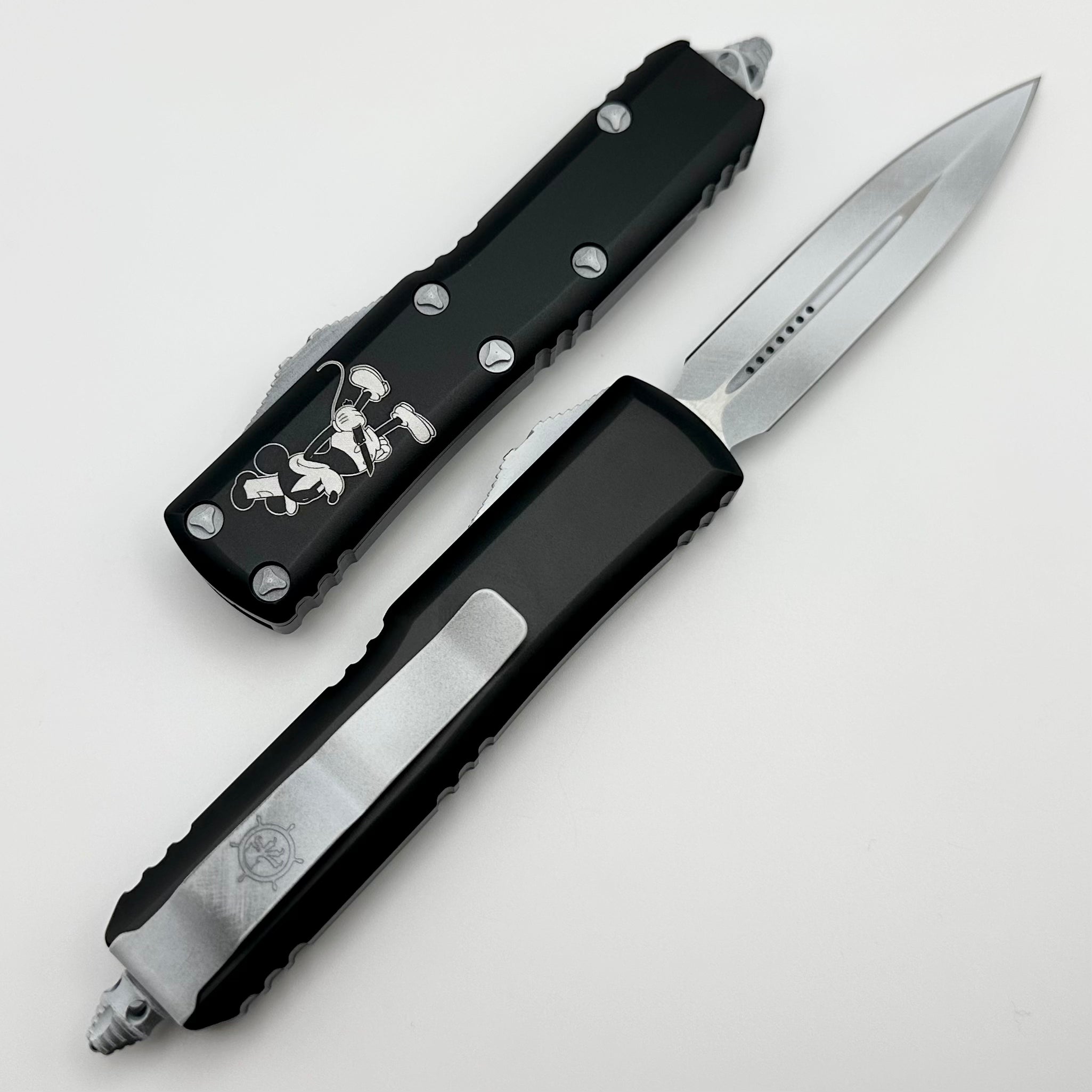 Microtech UTX-85 Steamboat Willie Black Handle w/ Dirty White Accents D/E 232-1SB