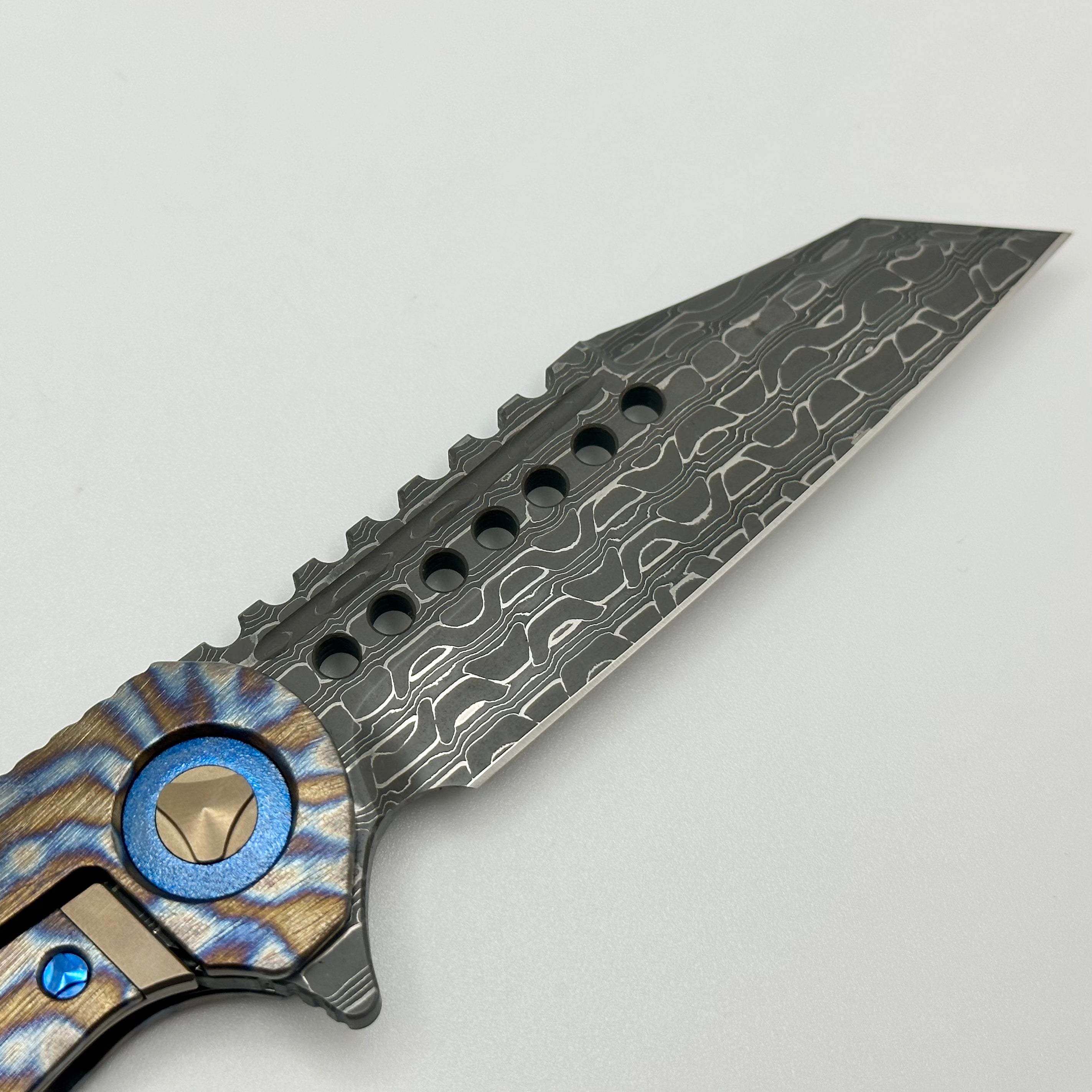 Marfione Custom Knives Warhound Flamed Barked Titanium w/ Blue Ti Hardware & Vegas Forge Stainless Reptilian Damascus Pattern #1