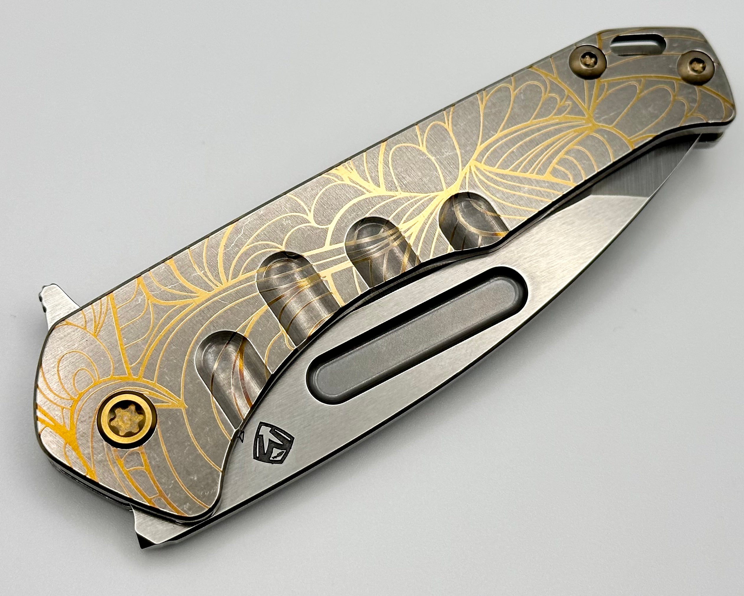 Medford Praetorian Slim Flipper S45VN Tumbled Tanto & Bronze Art Nouveau Laser Engraving Handles w/ Bronze Hardware/Clip