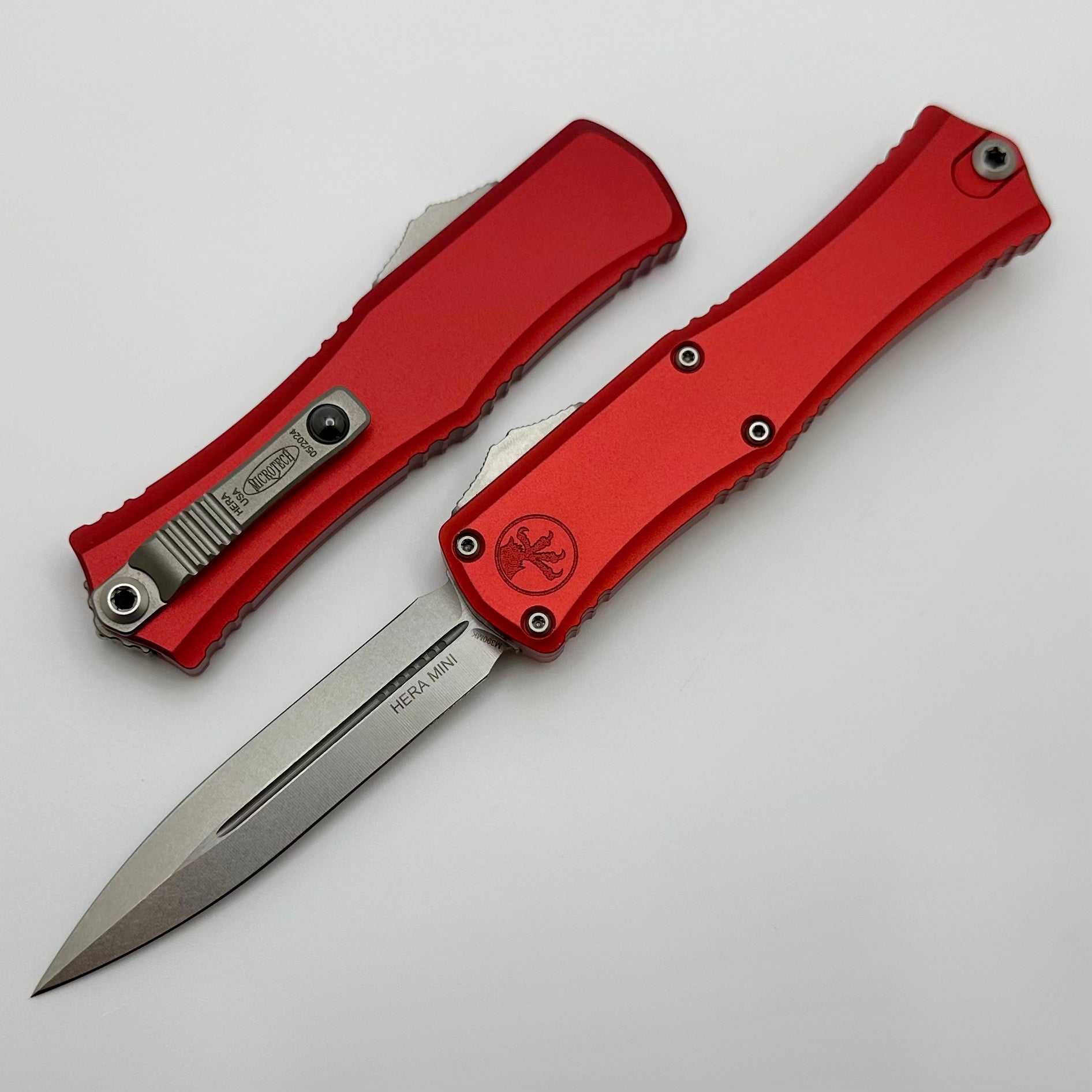 Microtech Knives Mini Hera Stonewash Double Edge M390MK w/ Red Handle 1702M-10RD