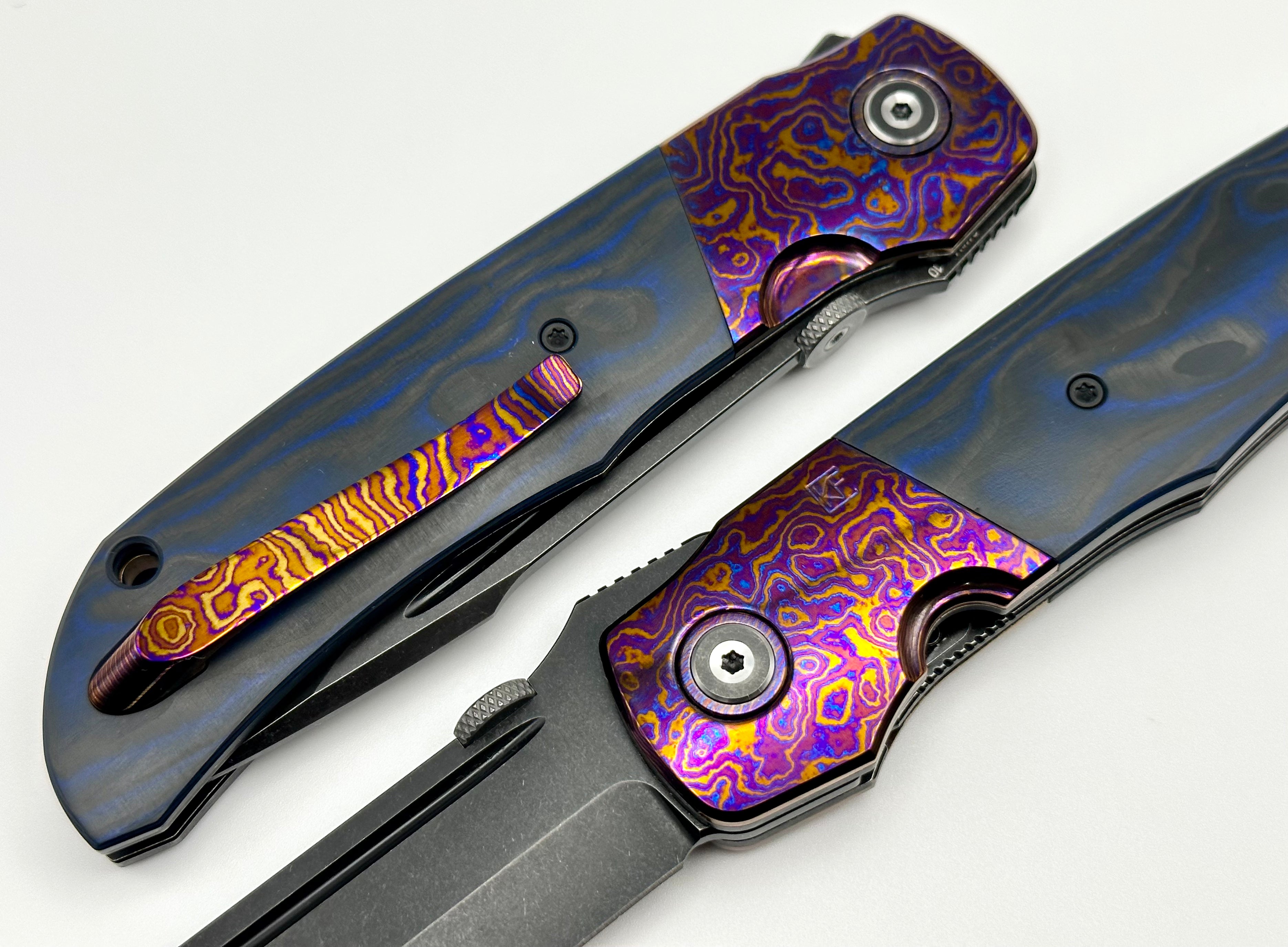 Custom Knife Factory Eagle Rock Timascus Bolsters w/ Blue/Black Carbon Fiber & S110V