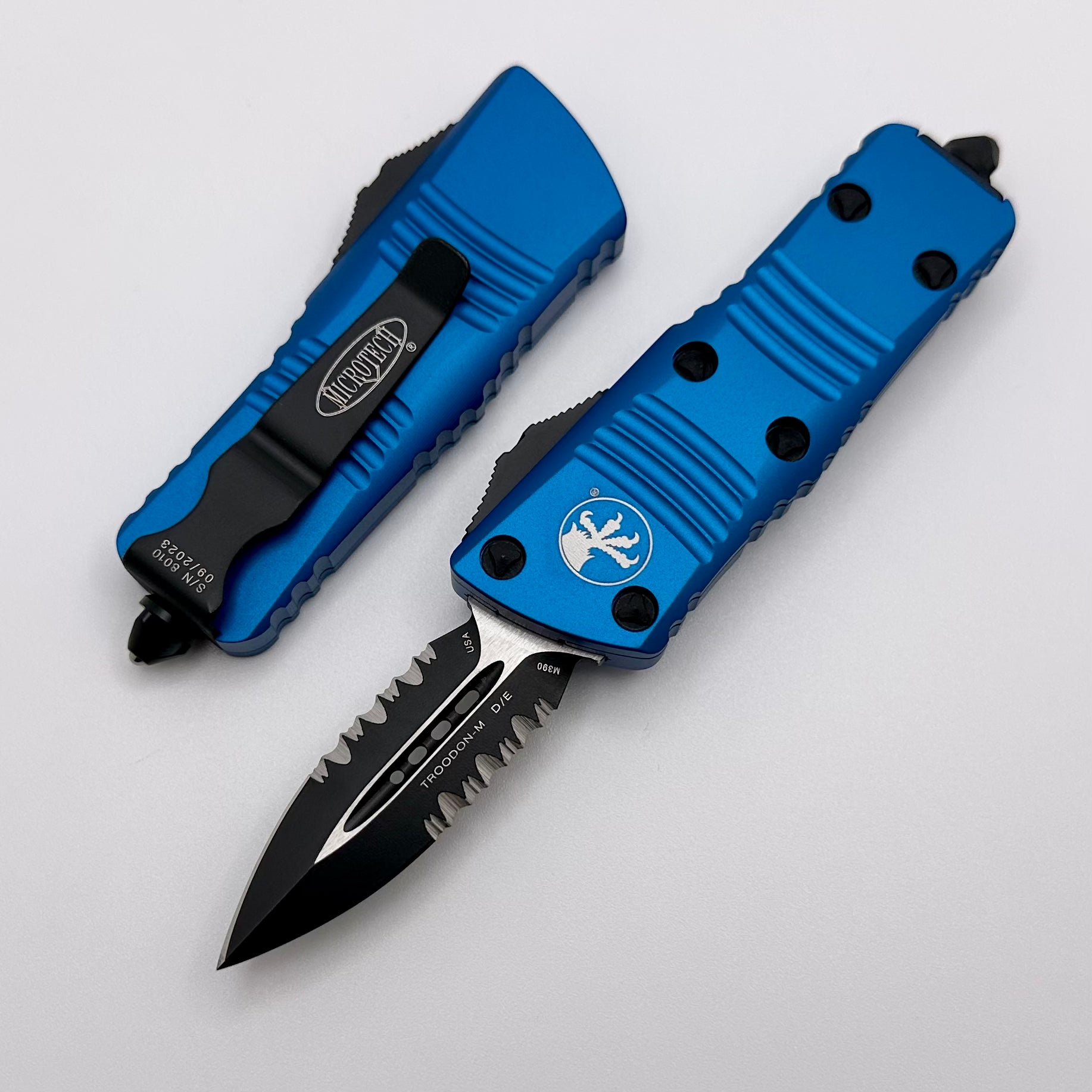 Microtech Mini Troodon D/E Black Partial Serrated & Blue 238-2BL