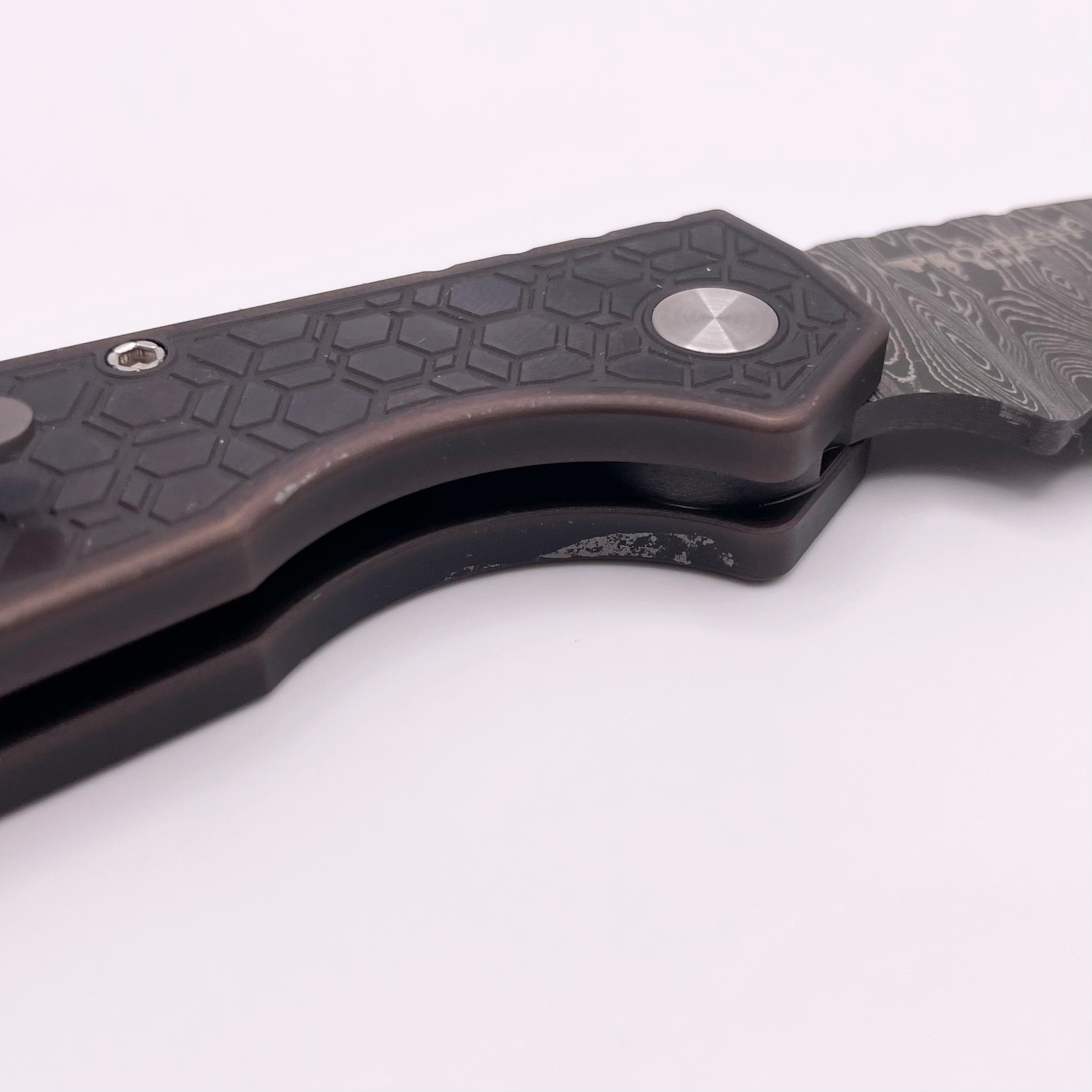 Pre Owned Pro-Tech PT Plus Antique PVD 17-4 Handle w/ Mother of Pearl Button & Nichols Damascus Blade 2023 Strider PT+ 007