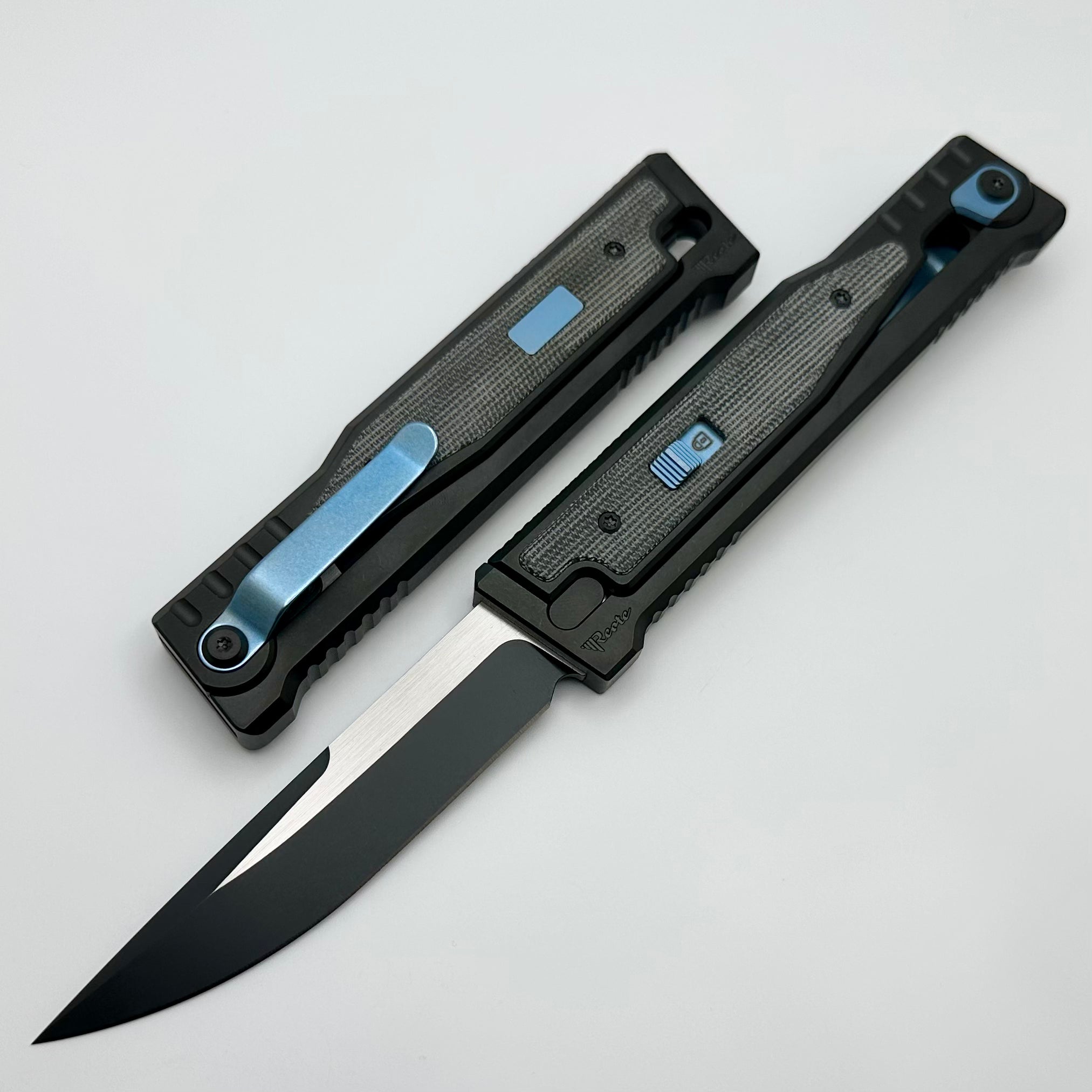 Reate EXO Exoskeleton Design V2 Black Micarta & Two Tone Black PVD Drop Point w/ Blue Accents