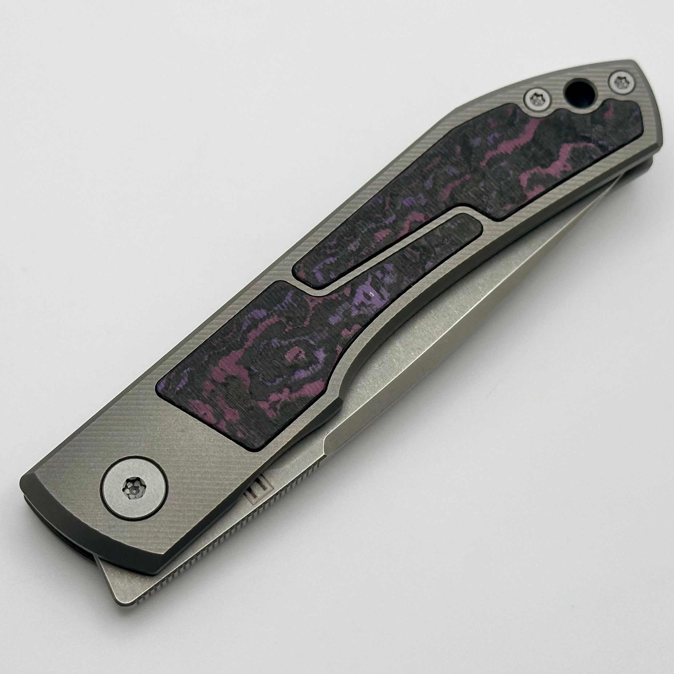 Uldanov Custom Knives Sierra w/ Milled Titanium/Purple Haze Carbon Fiber Inlays & M398 Front Flipper #69