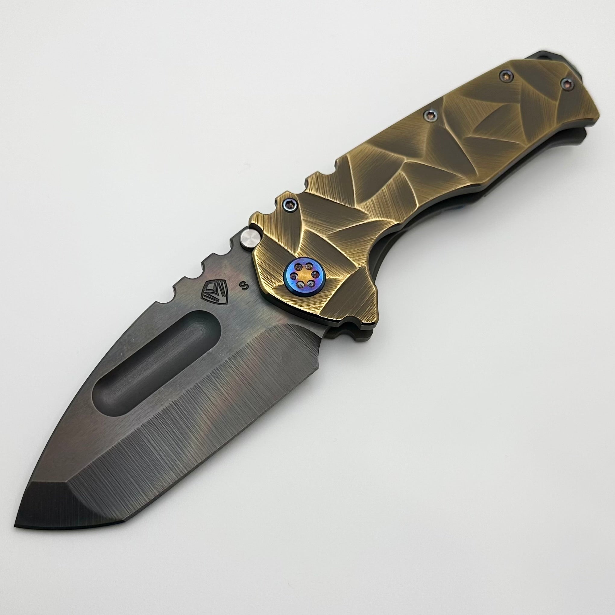 Medford Knife Praetorian TI S35 Vulcan Tanto & Bead Blast/Cement Brushed/Bronze Stained Glass Sculpting w/ Flamed Hardware/Clip