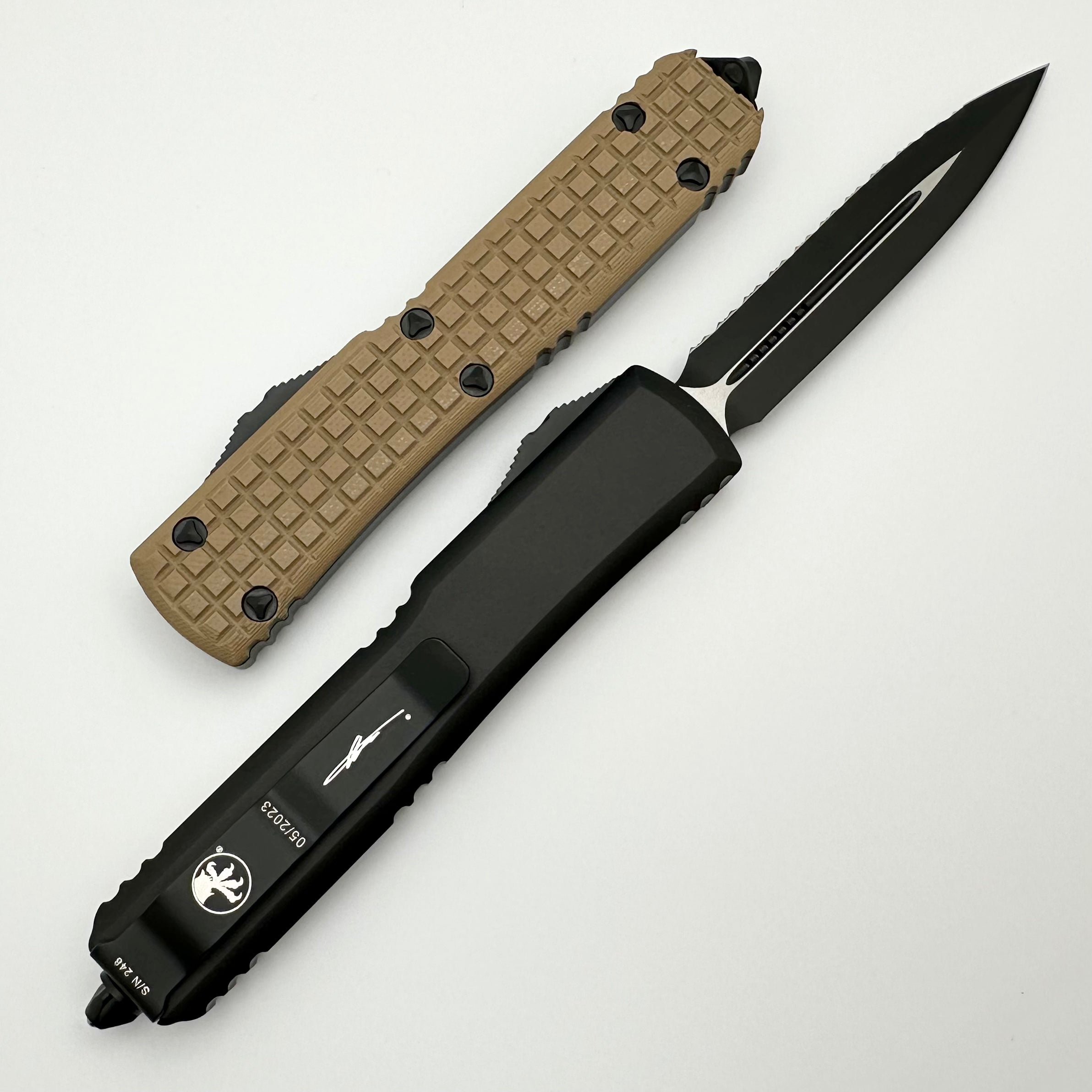 Microtech Ultratech Tan Frag G-10 Top Tactical Standard & Double Edge Full Serrated Signature Series 122-3FRGTTAS