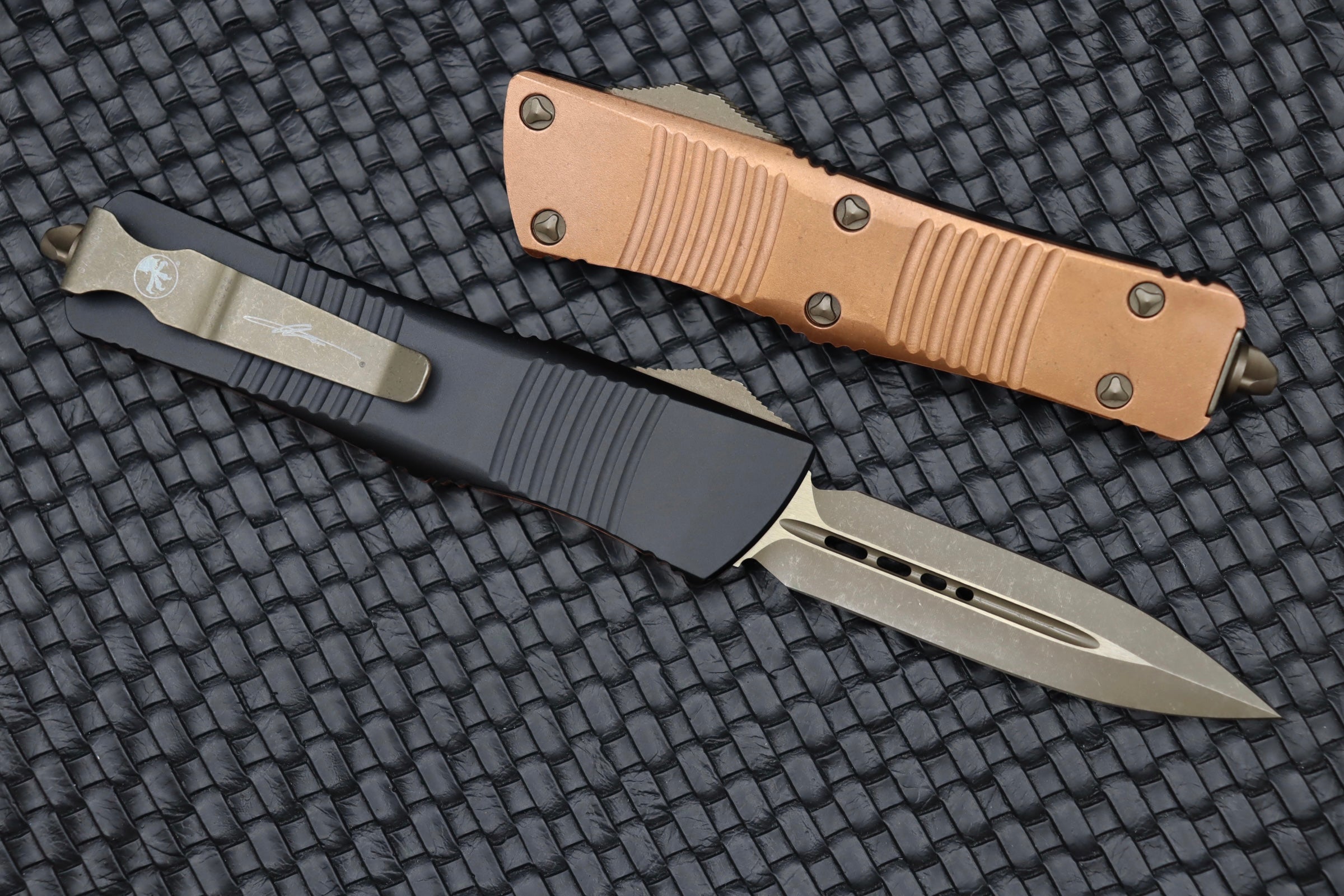 Microtech Troodon Bronze Double Edge & Copper Top Signature Series 138-13APCPS