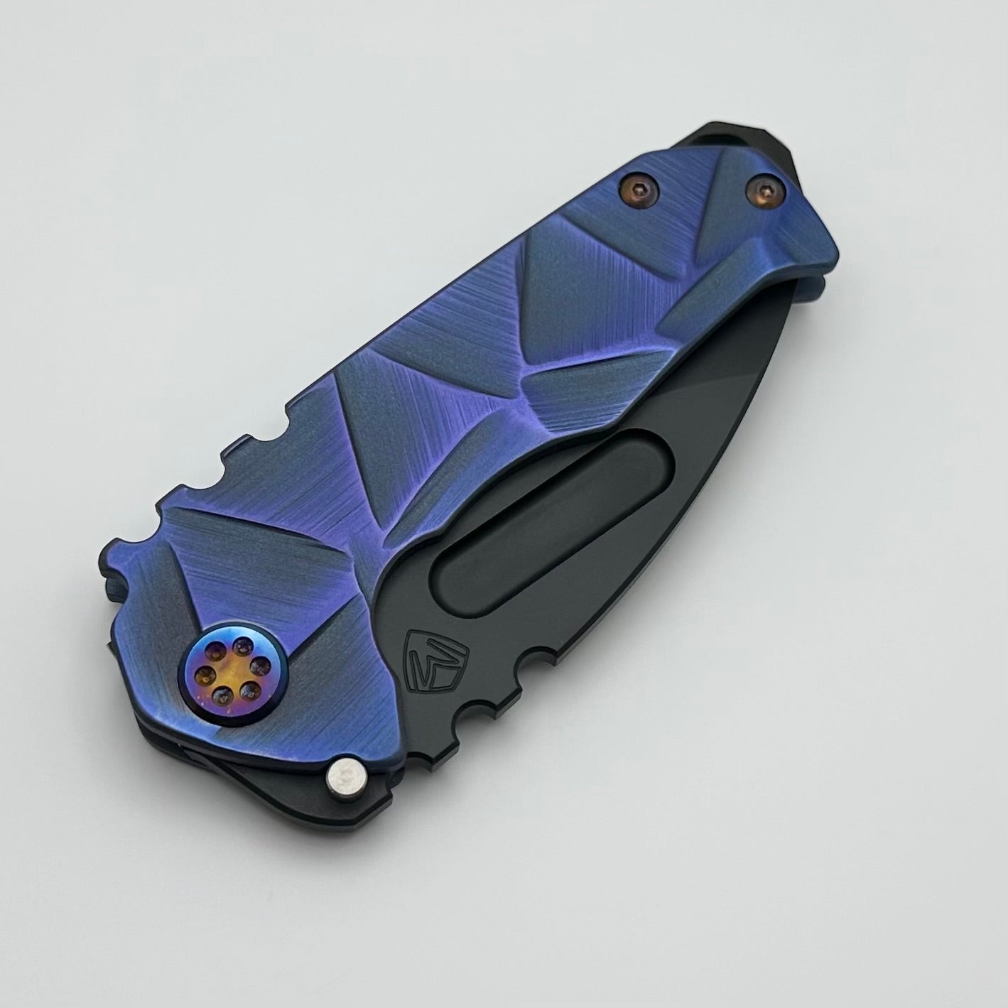 Medford Praetorian Genesis T Bead Blast/Blue Stained Glass Handles w/ DLC S45VN Drop Point & Flamed Hardware