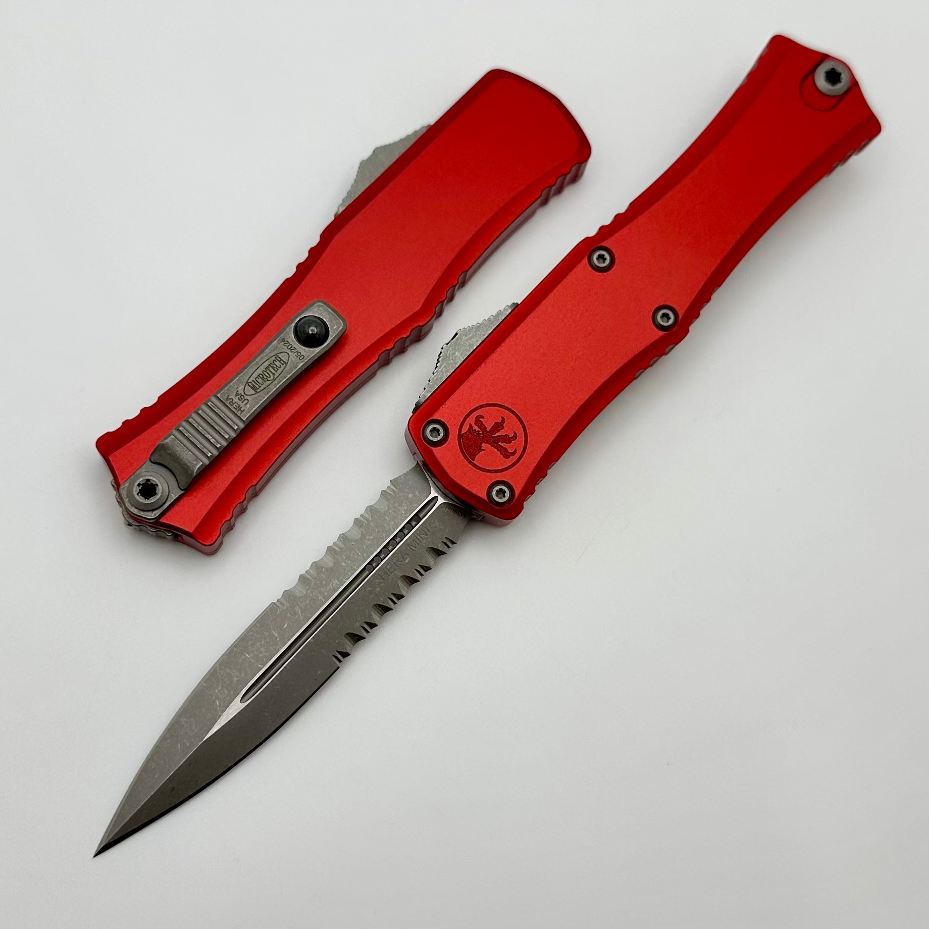 Microtech Knives Mini Hera Apocalyptic Partial Serrated Double Edge M390MK w/ Red Handle 1702M-11APRD